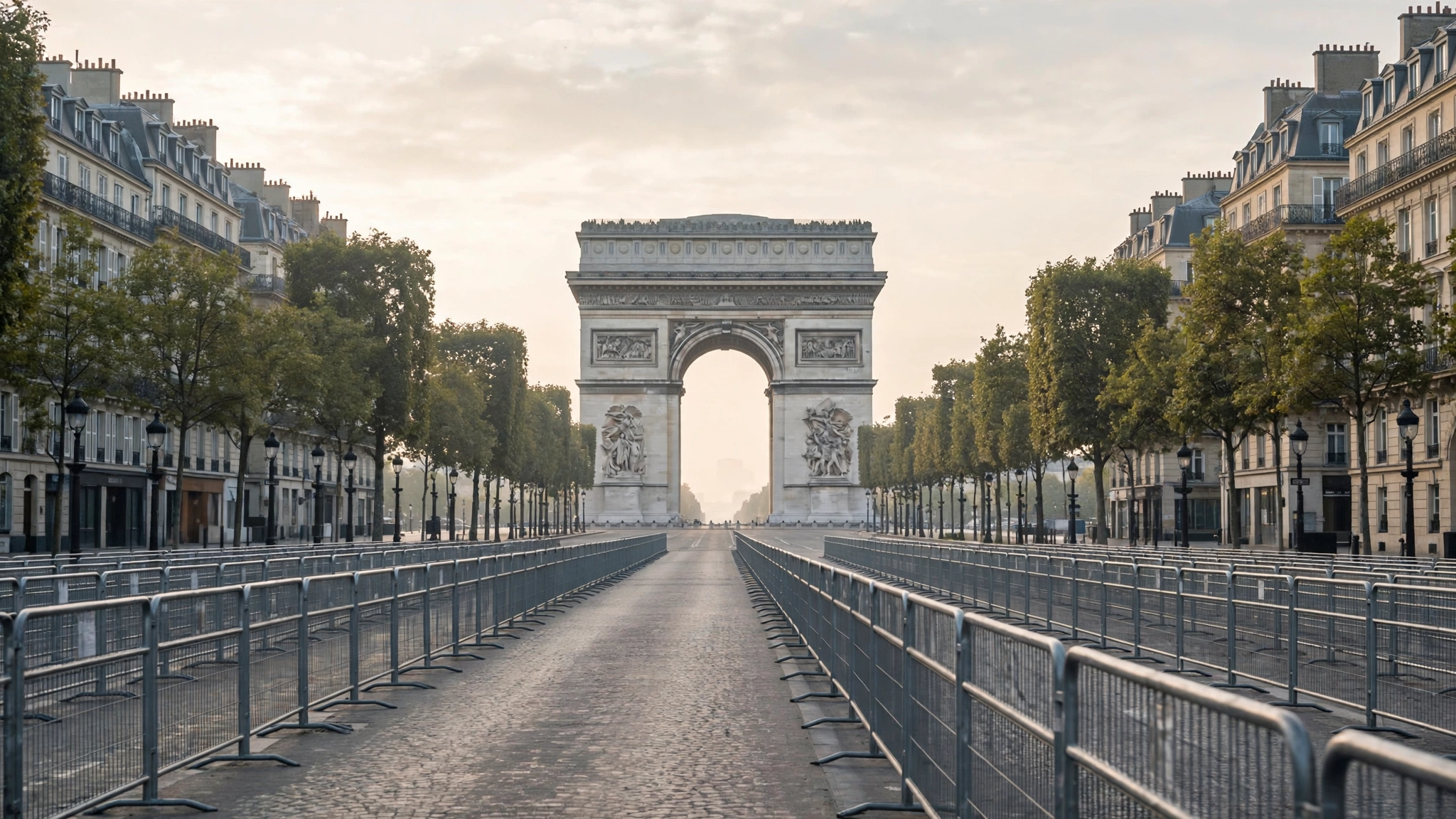 The Arc de Triomphe with police crowd barriers lining the empty Champs-Elysees.