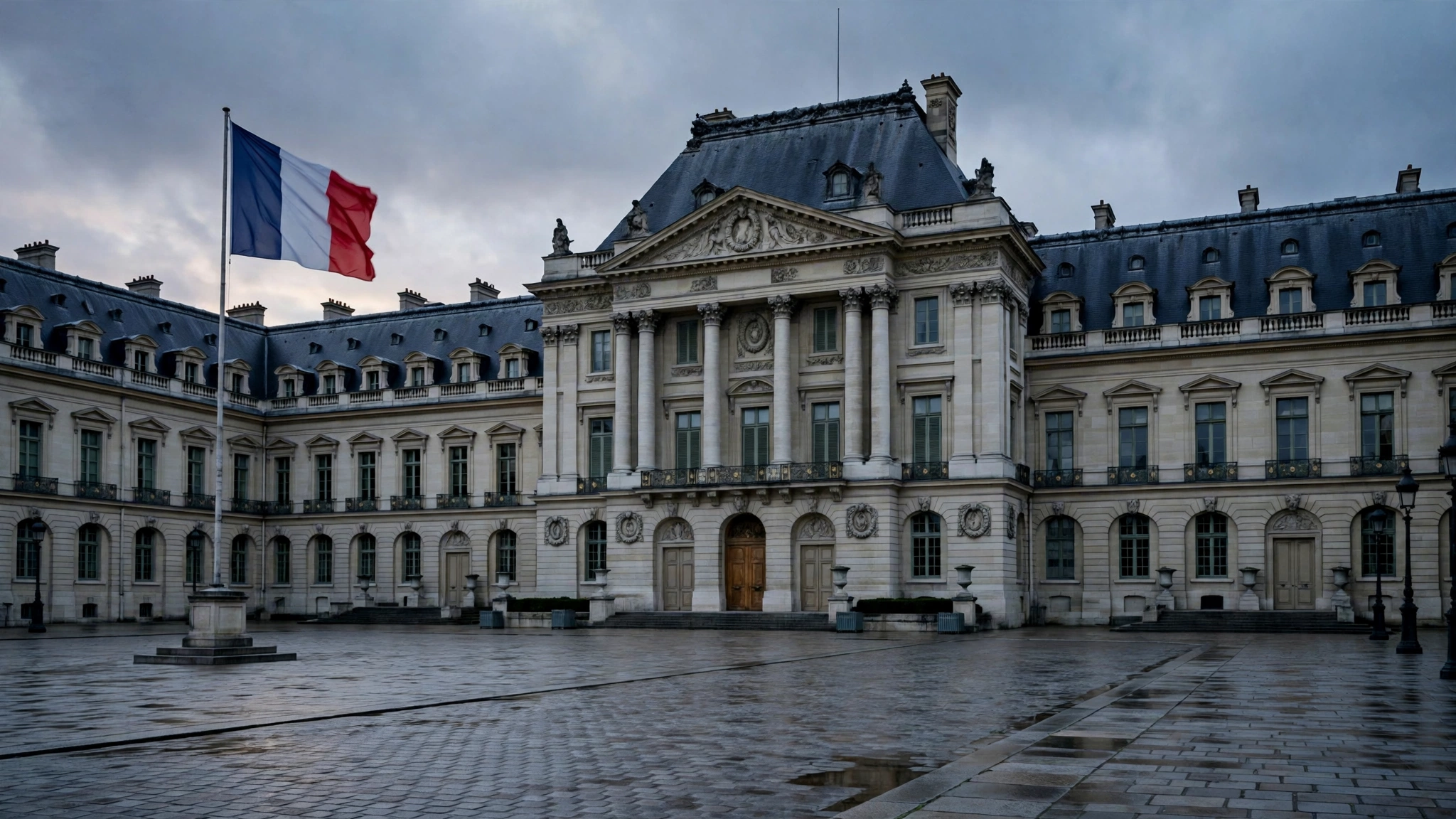 Exterior of a grand Parisian government palace with a French tricolor flag flying at dusk