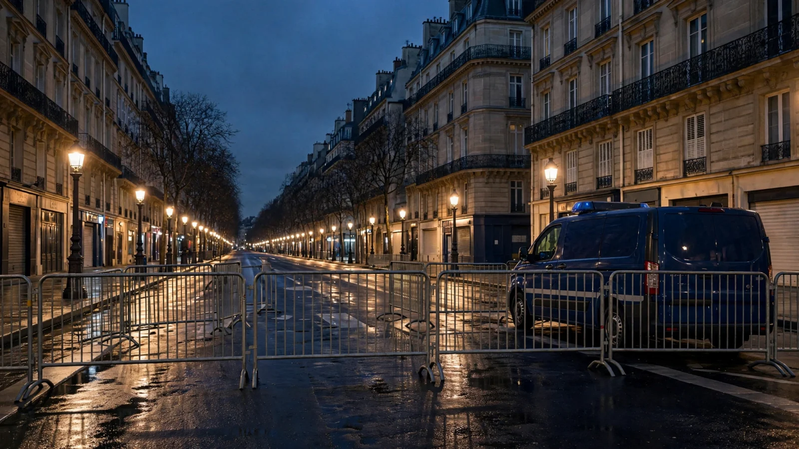 An empty Paris boulevard at night with a police van and metal barricades blocking the street