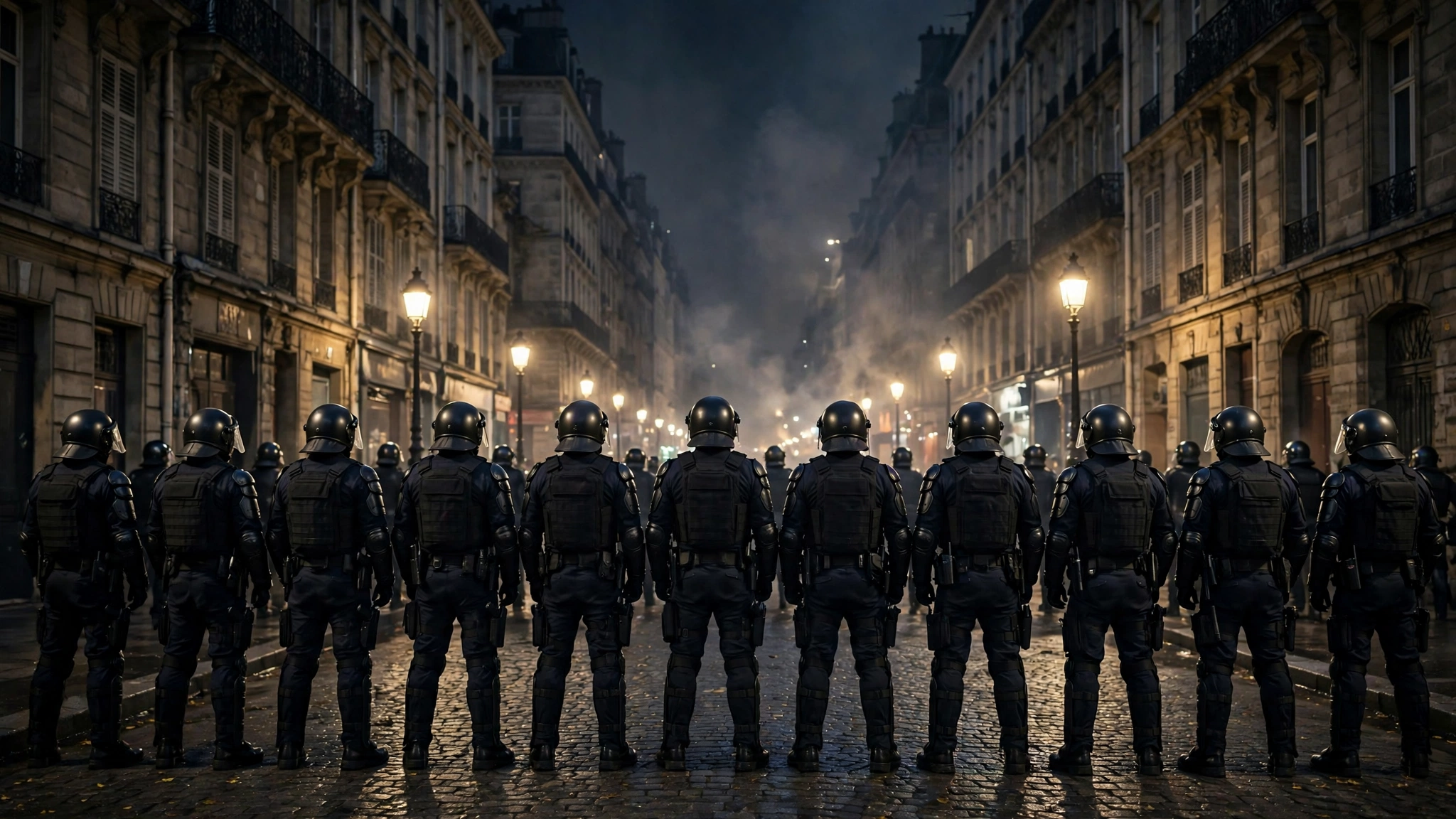 Riot police in helmets standing in a line across a city street at night, seen from behind