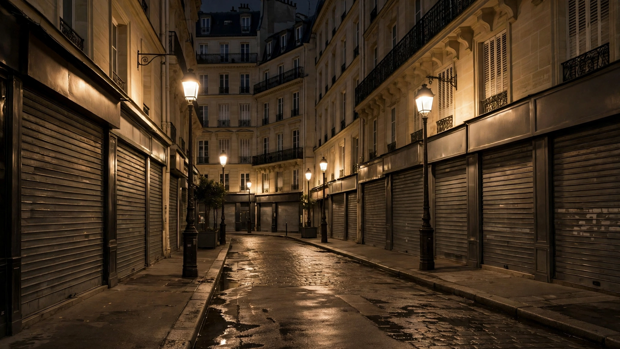 A Paris shopping street at night with shopfronts closed behind heavy roller shutters