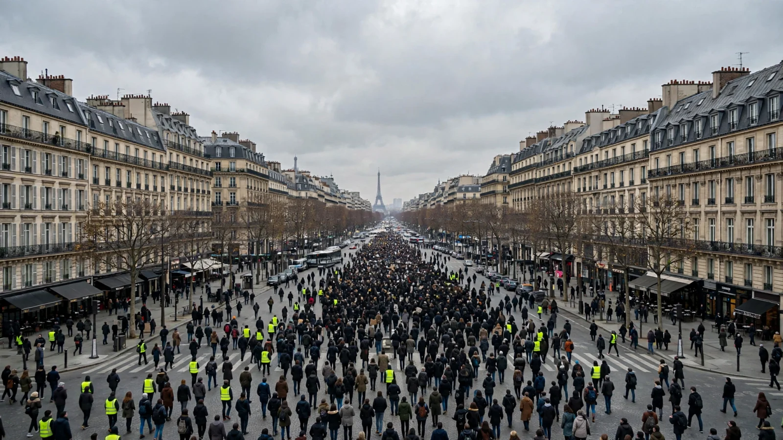 A large crowd of protesters, some in yellow high-visibility vests, marching down a wide Paris boulevard with the Eiffel Tower in the distance.