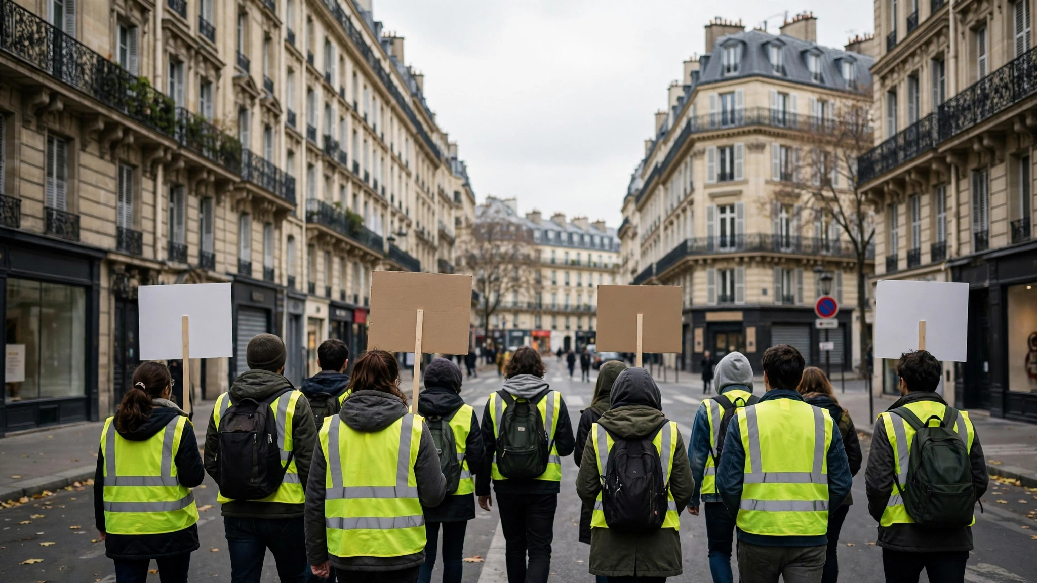 Protesters in yellow high-visibility vests carrying blank signs walk through a Paris street.