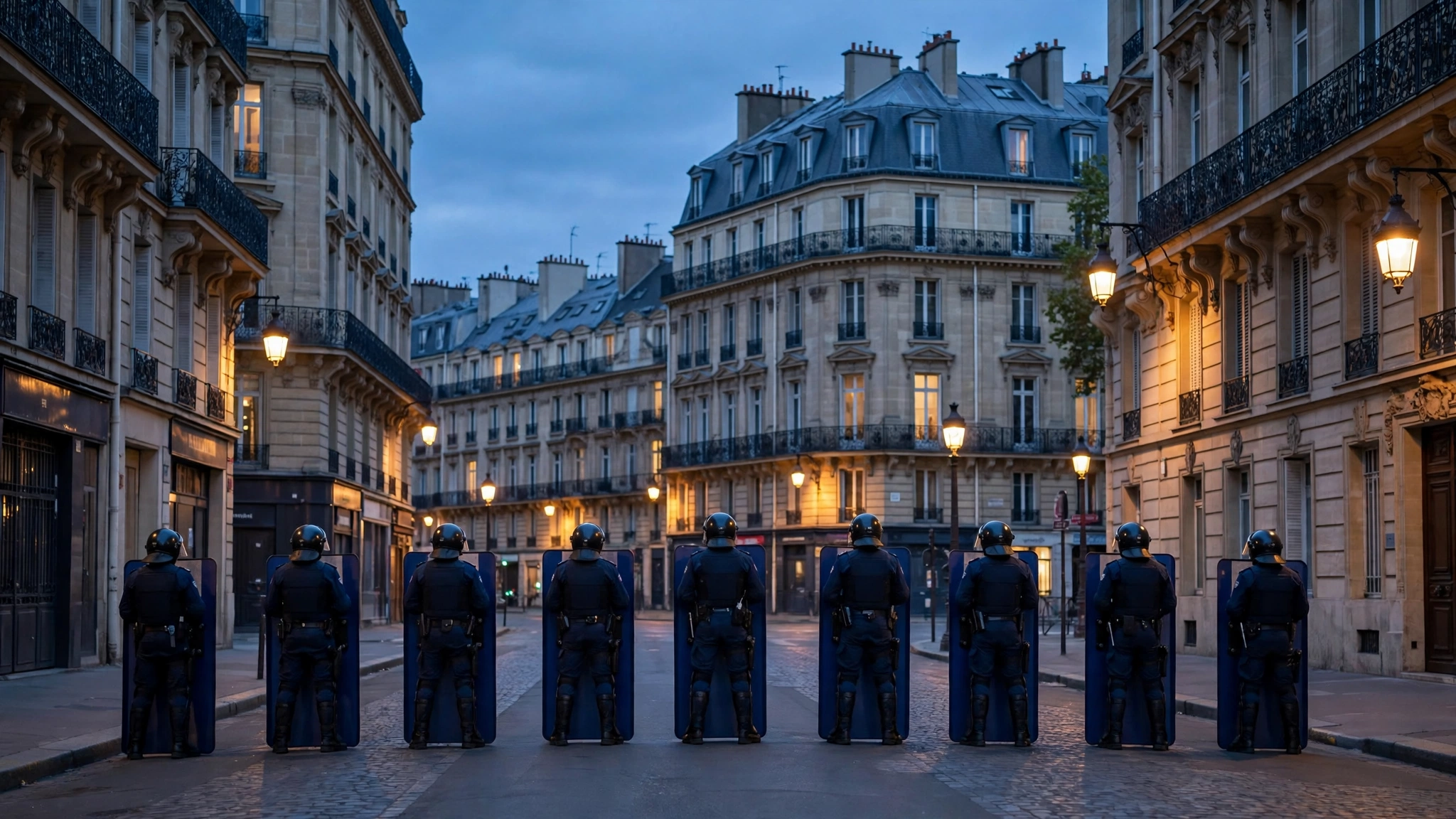 A line of French riot police officers with shields standing across a Paris street at dusk.