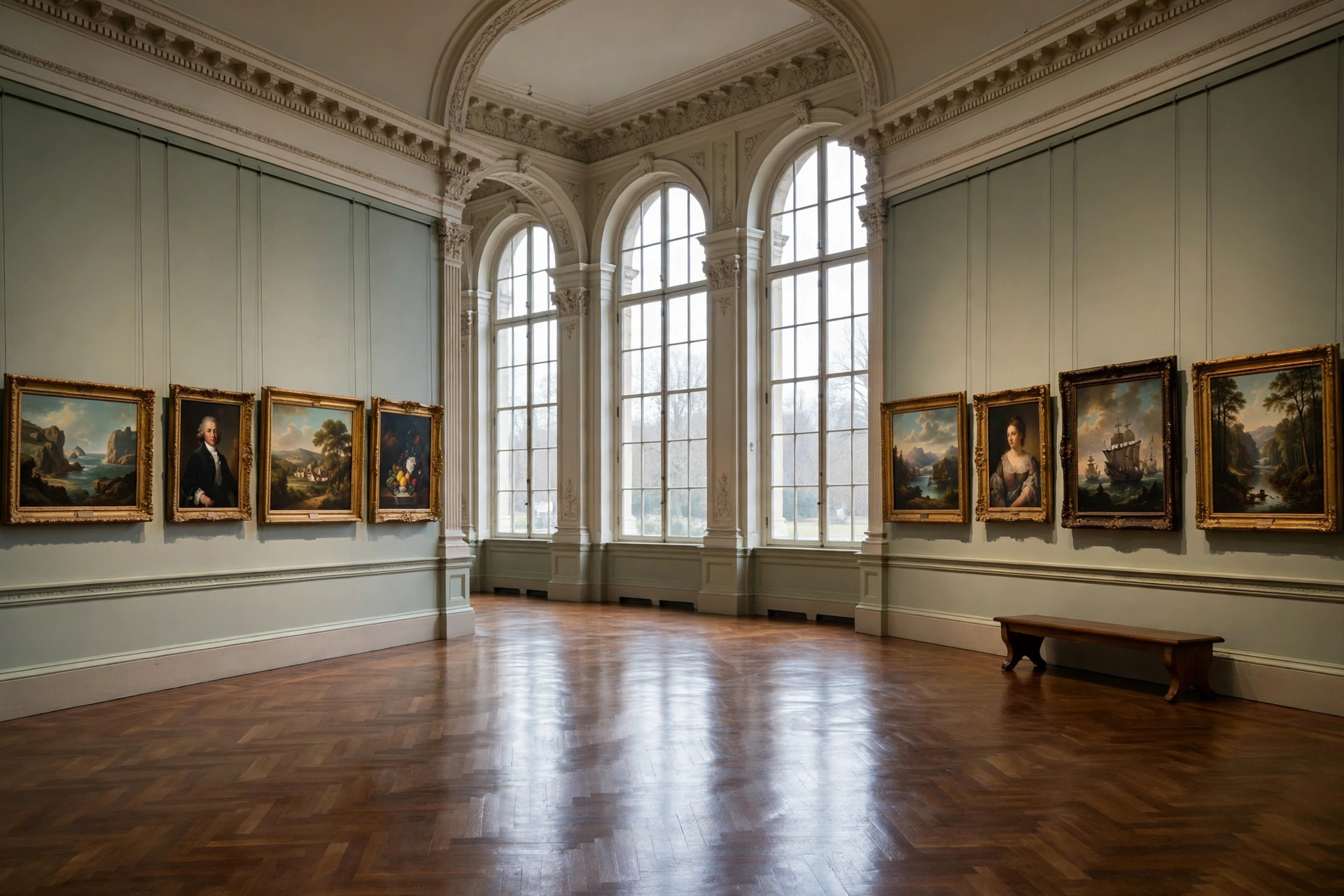 An empty grand museum gallery with framed paintings on pale walls and tall windows.