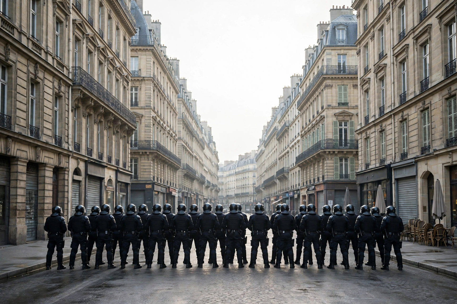 A line of helmeted riot police officers seen from behind, standing across a Paris street lined with stone buildings.