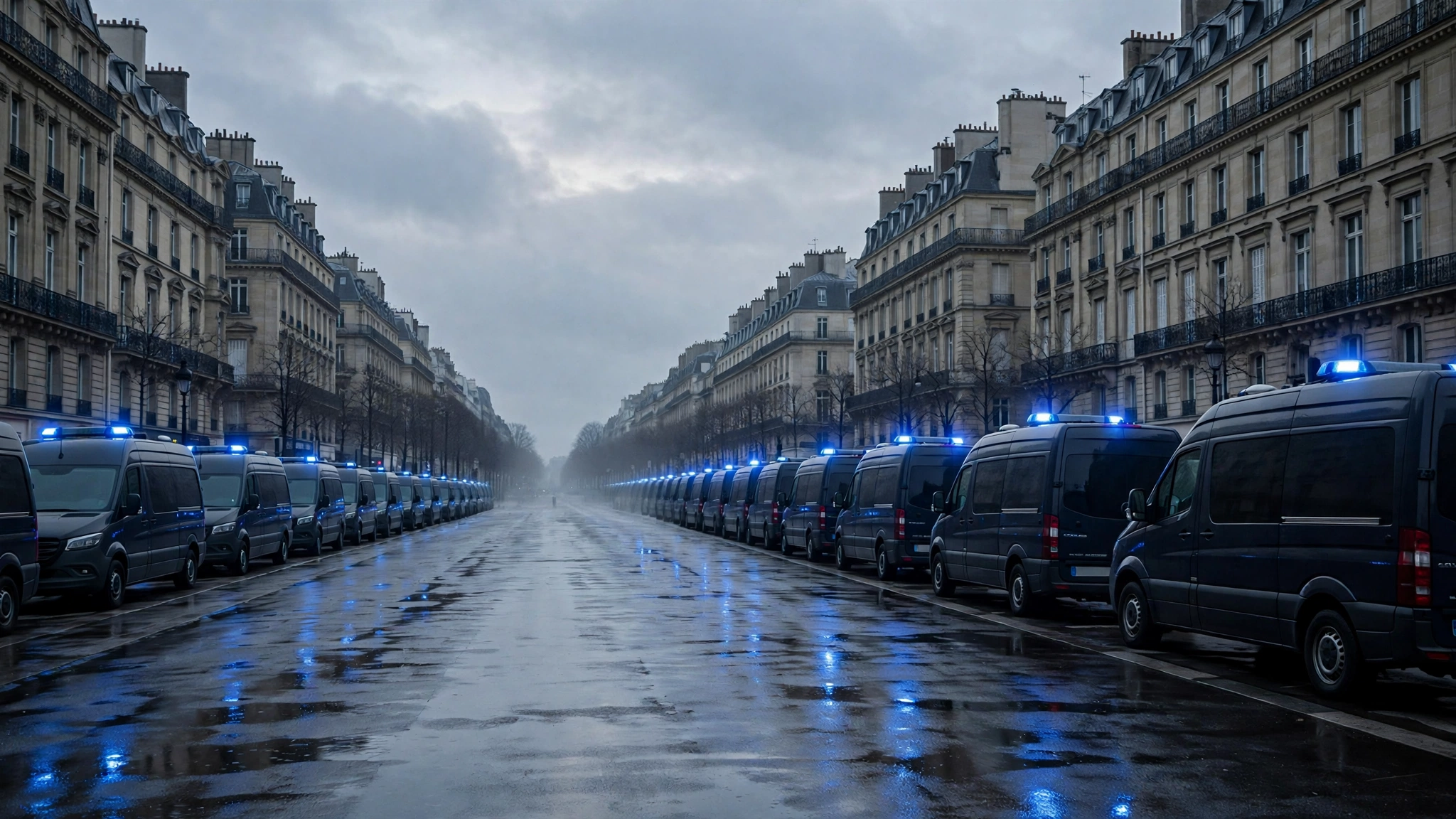 Rows of dark police vans with flashing blue lights parked along an empty Paris boulevard at dawn on an overcast day.