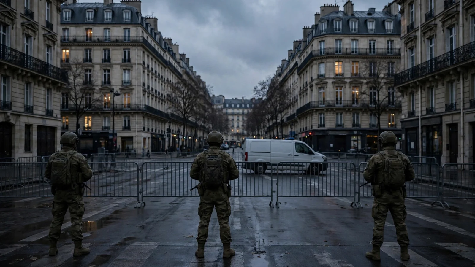 Soldiers standing guard behind barricades on a Paris street at dusk