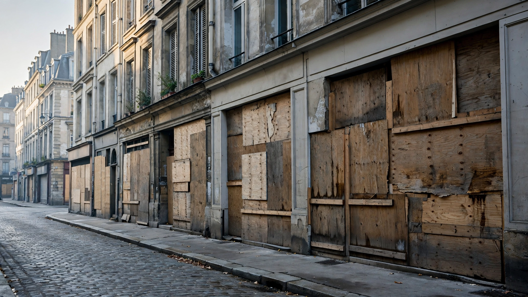 Shop storefronts boarded up with wooden panels on a European city street