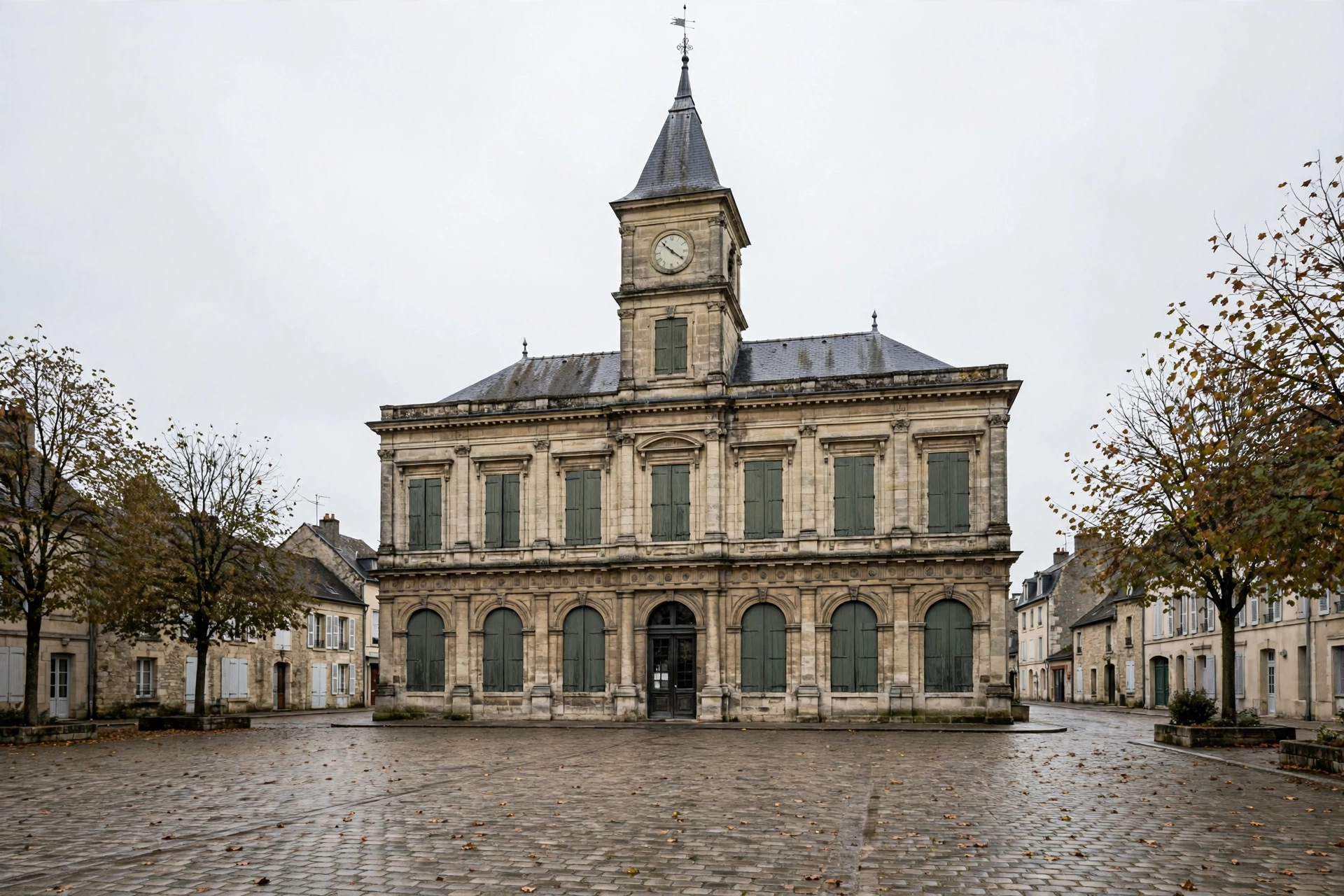 Facade of a historic stone town hall building in a French city