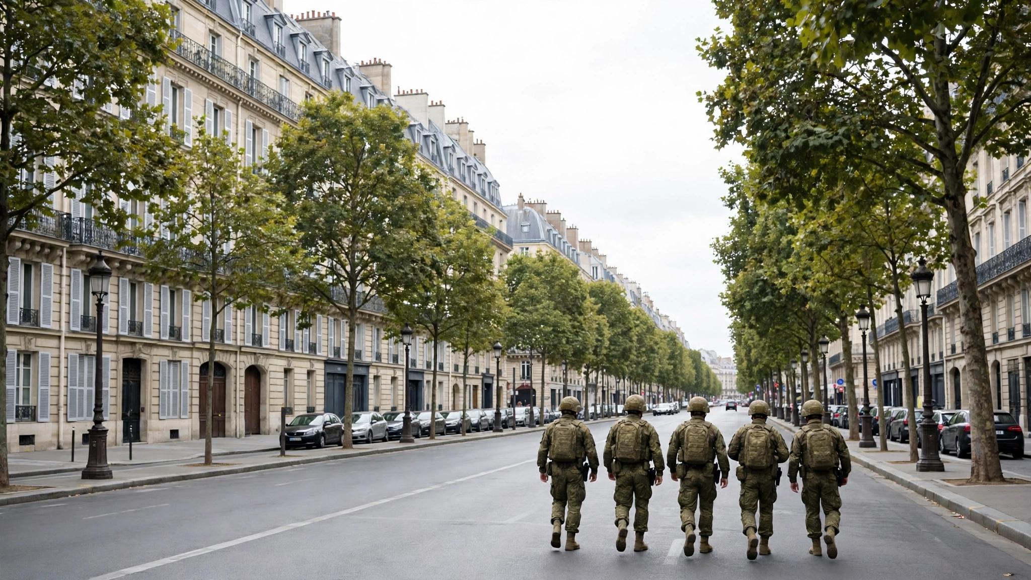 A patrol of soldiers walking down a wide Paris boulevard lined with trees