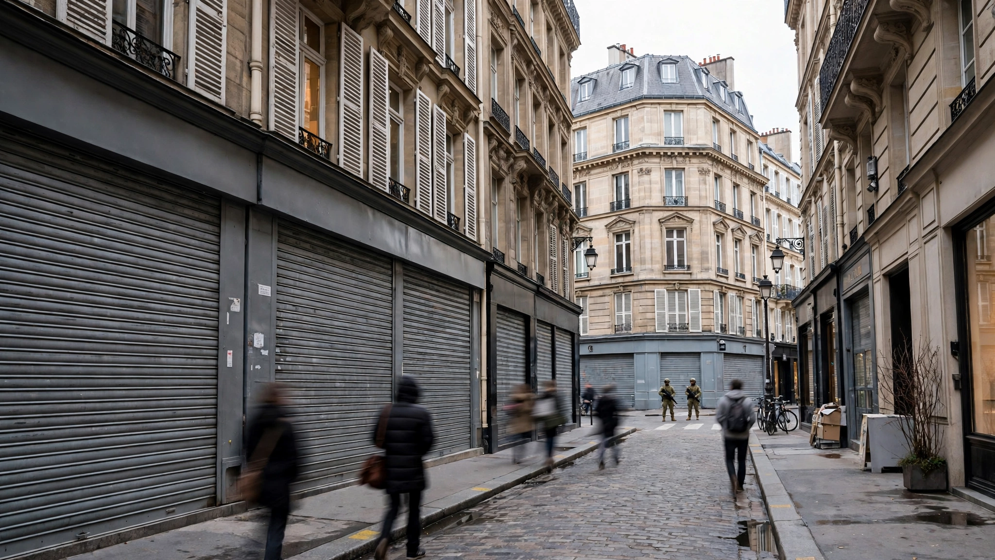 Shopping street with metal security shutters down and soldiers standing watch