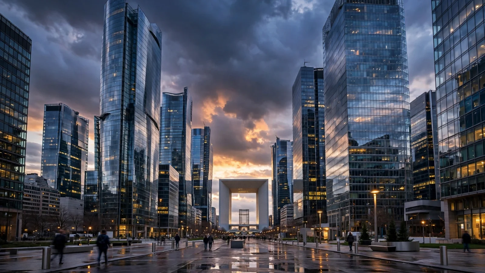 Glass skyscrapers of the La Defense financial district in Paris at dusk with the Grand Arch in the distance
