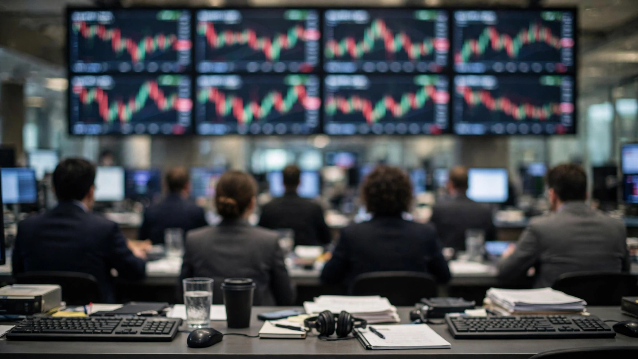A trading floor where analysts watch wall-mounted monitors showing blurred stock charts