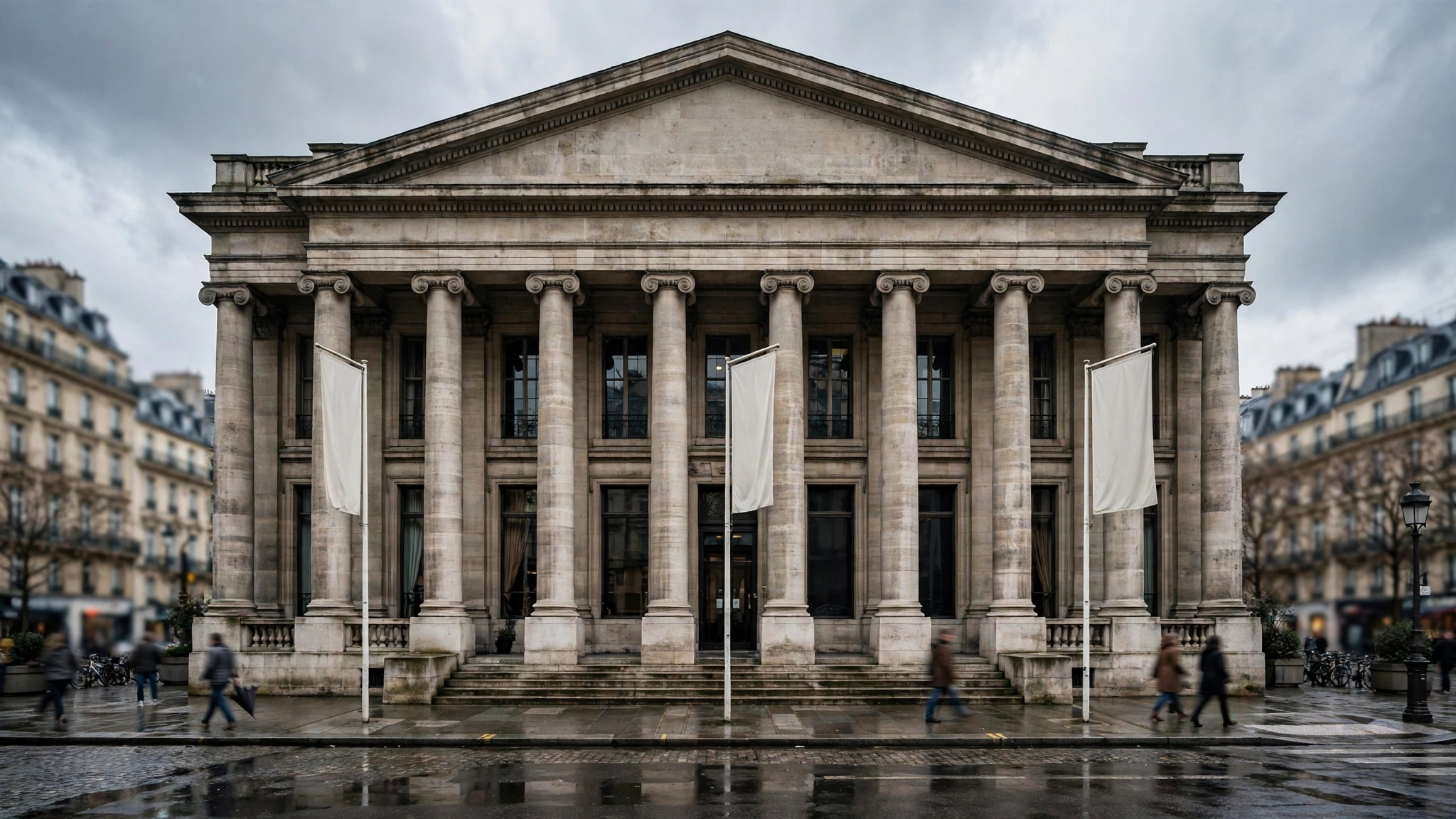 A neoclassical bank building with tall stone columns in a European city