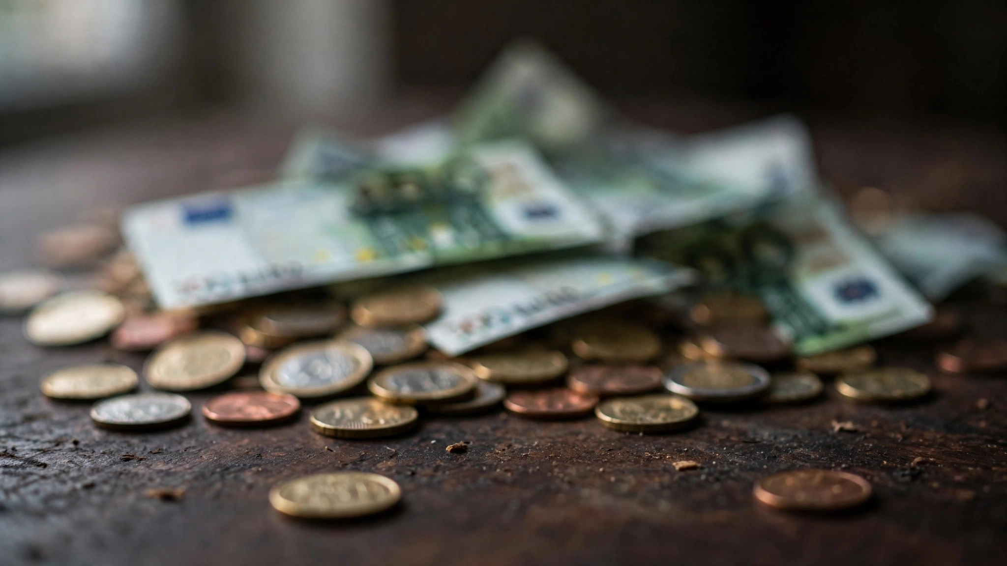 Euro banknotes and coins scattered on a wooden surface, out of focus