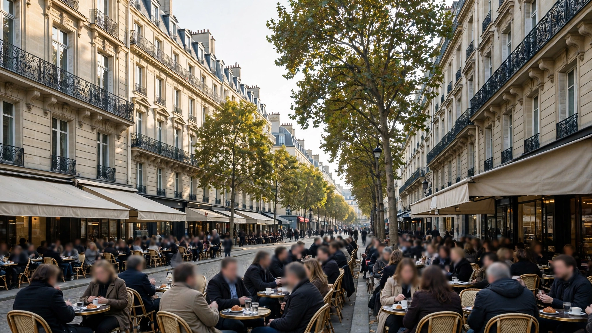People seated at cafe terraces along a Paris boulevard lined with Haussmann-style buildings