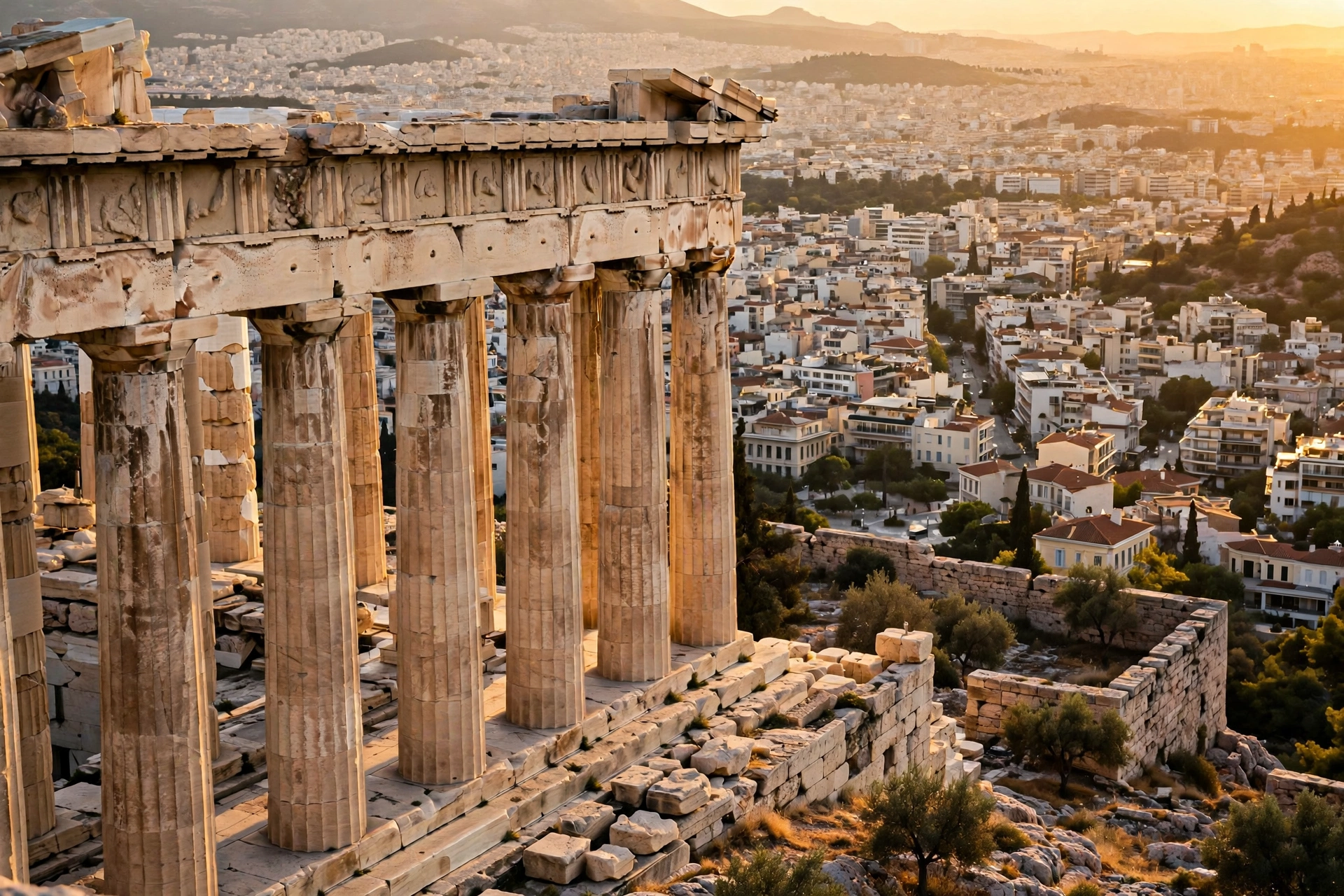 The Parthenon on the Acropolis overlooking the city of Athens at sunset.