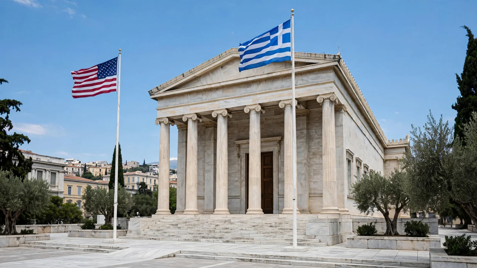 The U.S. Embassy in Athens, Greece, with the American and Greek flags flying in front of a neoclassical stone building.