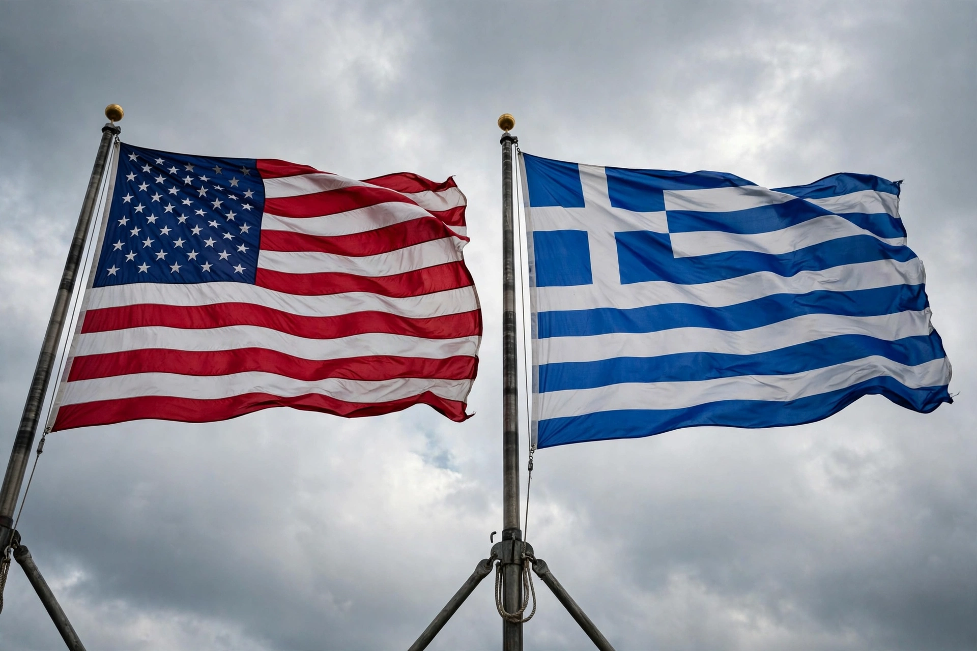 The United States flag and the Greek flag flying side by side on flagpoles against a cloudy sky.