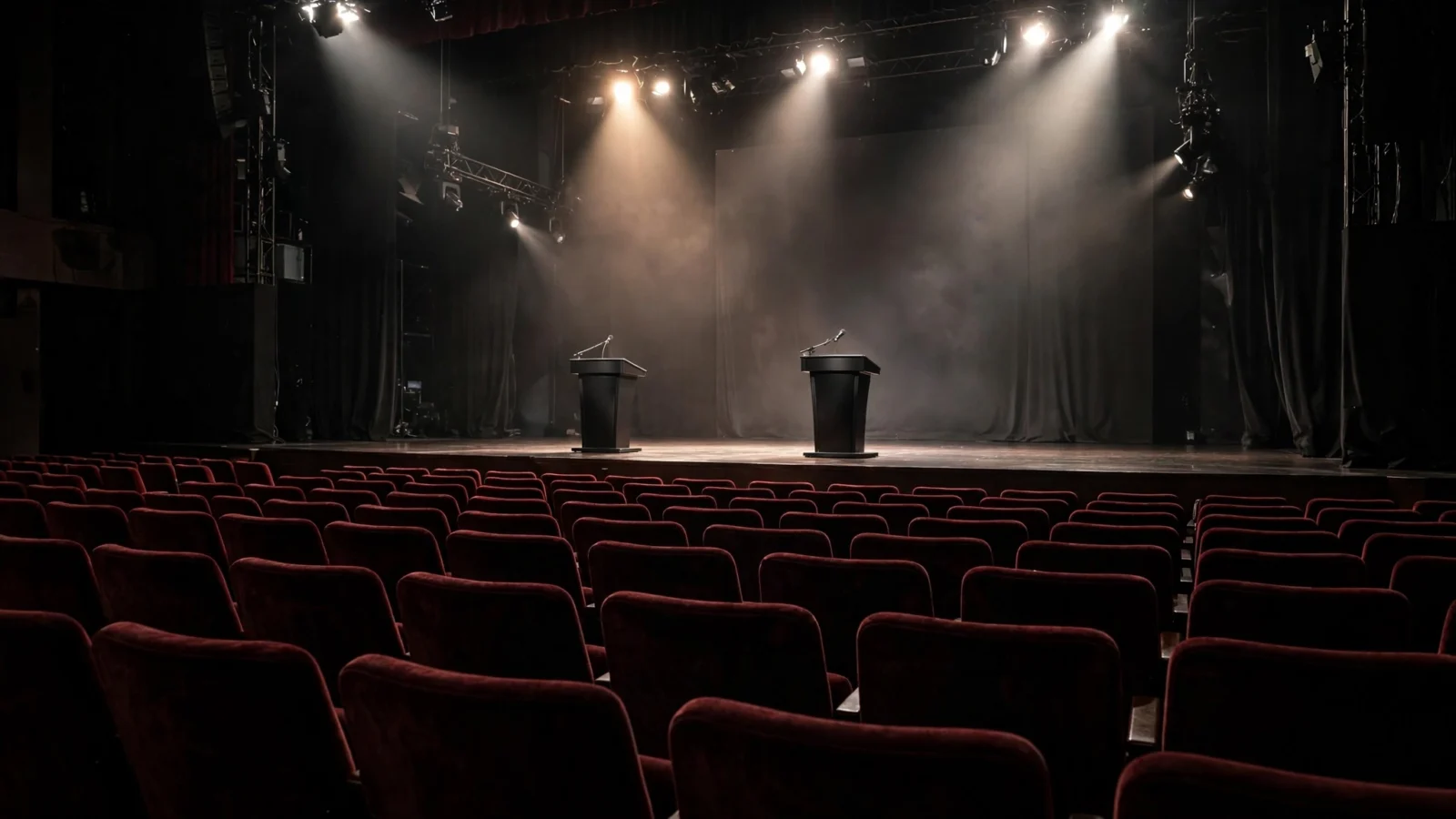 A debate stage with two podiums under bright studio spotlights in front of empty red audience seats