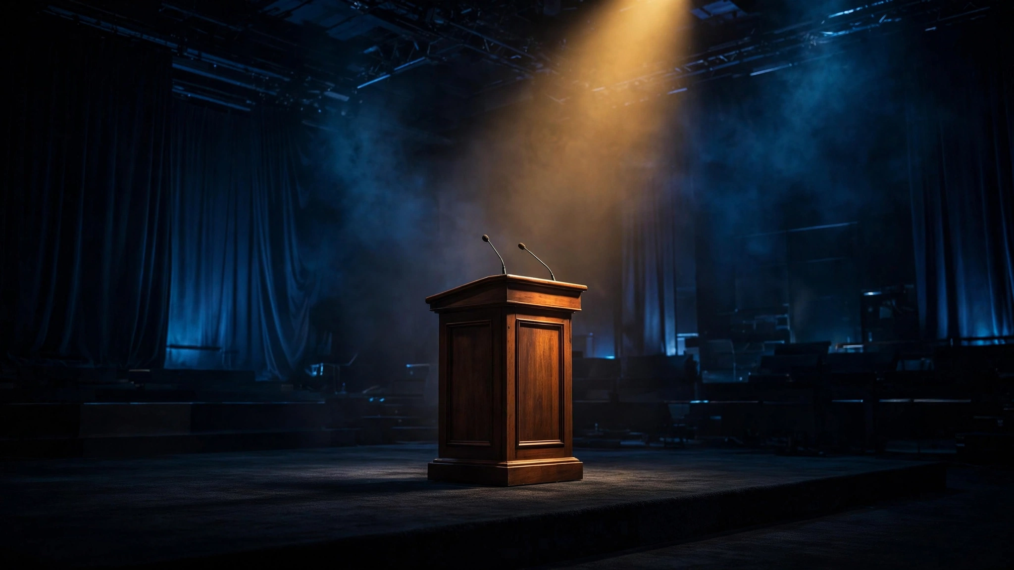 A single empty wooden podium standing under a spotlight on a dark stage