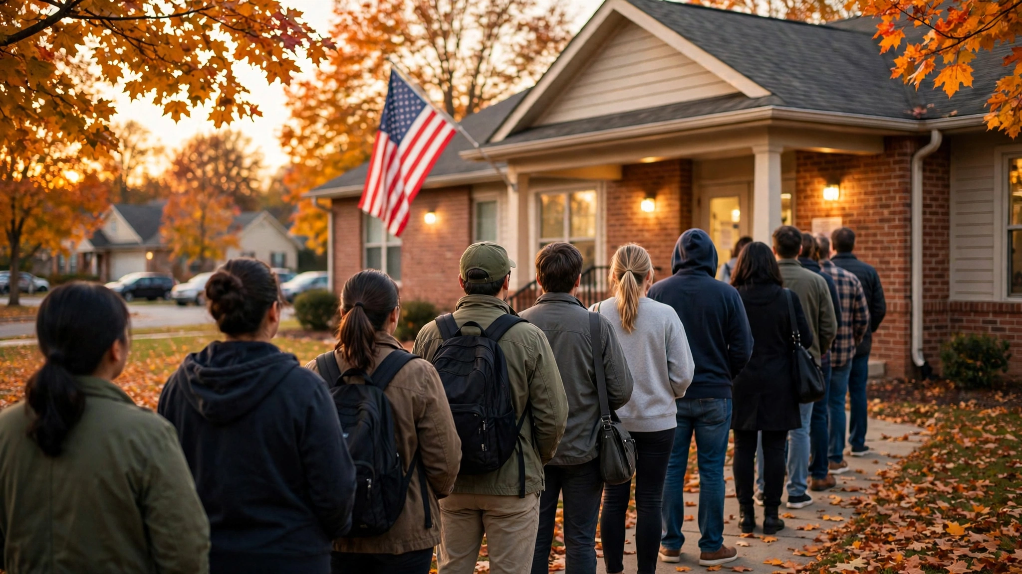 Voters lined up outside a brick polling place at sunset under autumn leaves and an American flag