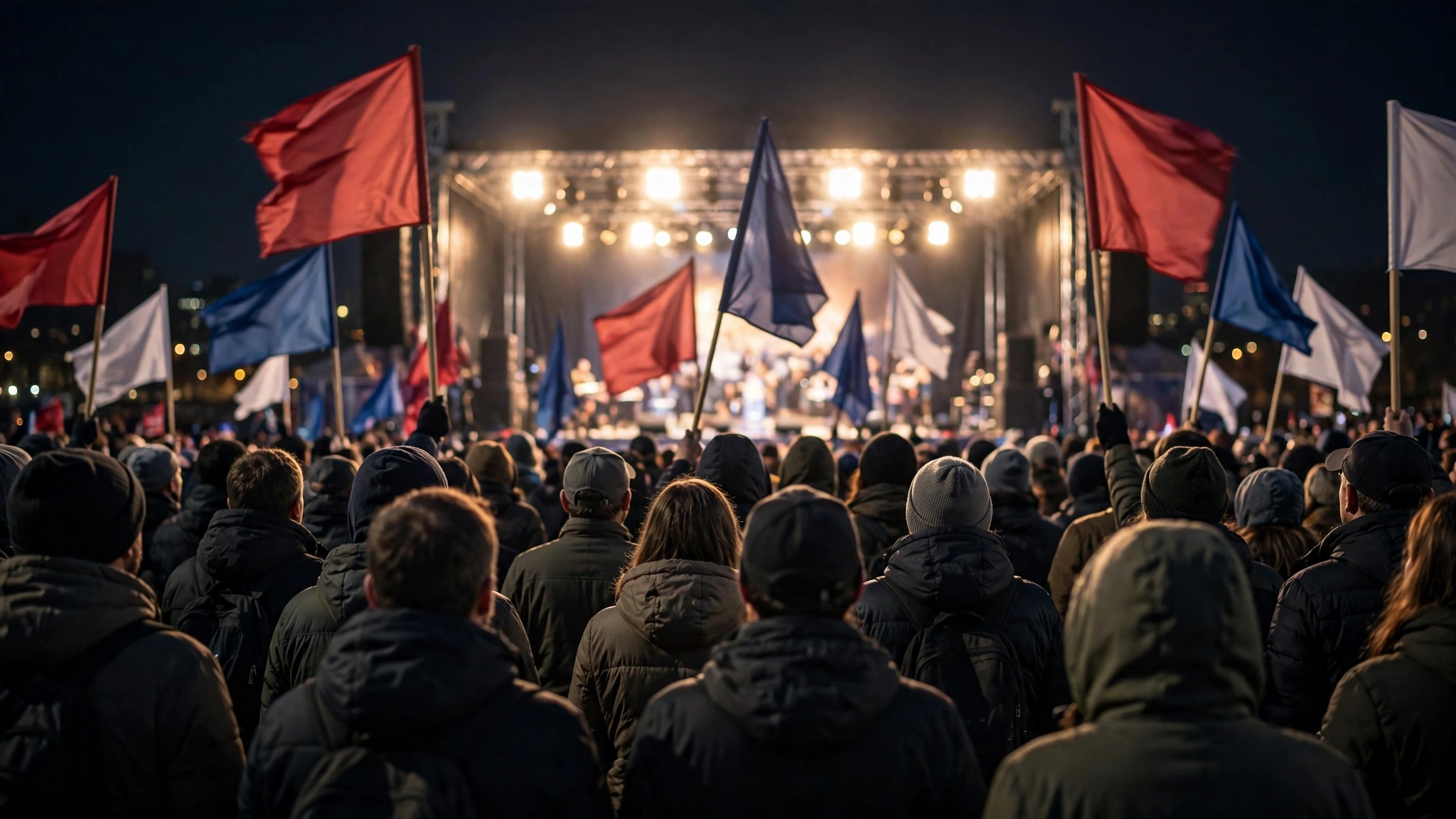 A crowd holding red, white and blue flags at a nighttime political rally in front of a lit stage