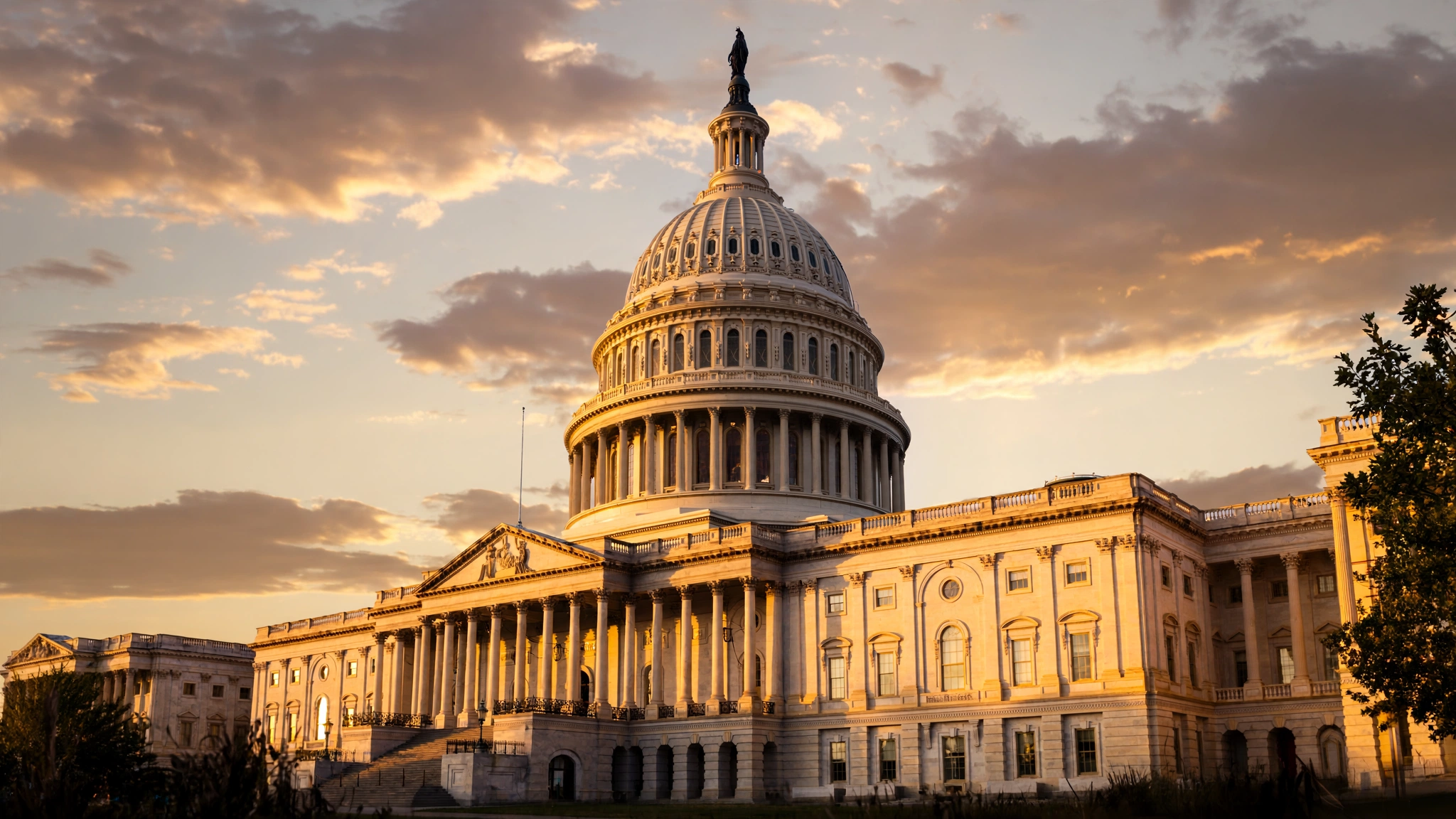 The dome of the United States Capitol building at golden hour