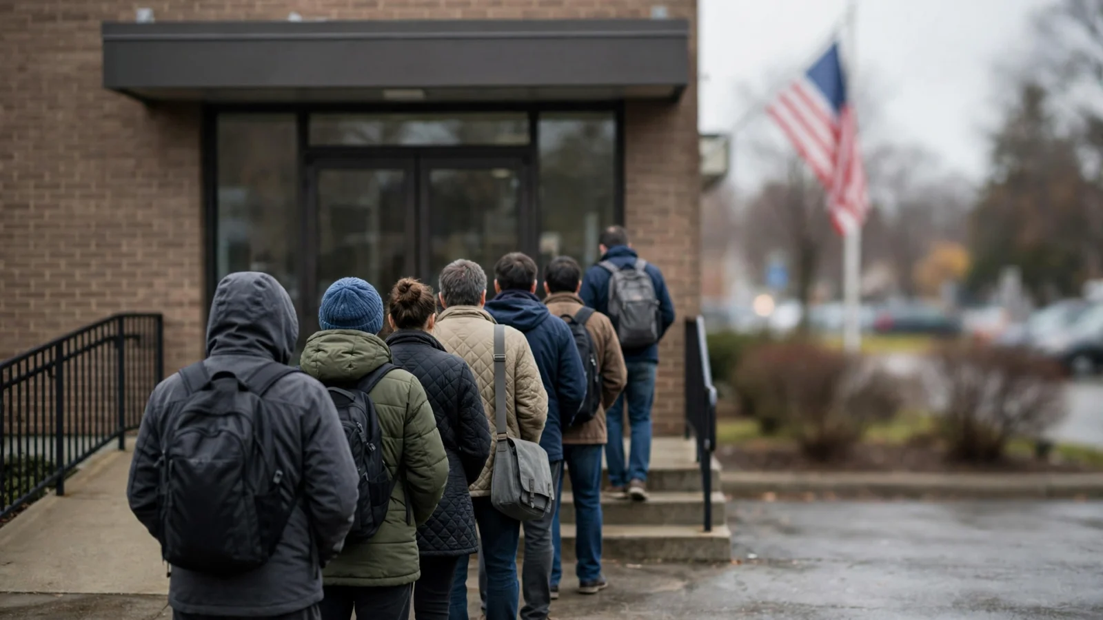 Line of voters seen from behind entering a polling place with an American flag blurred in the background