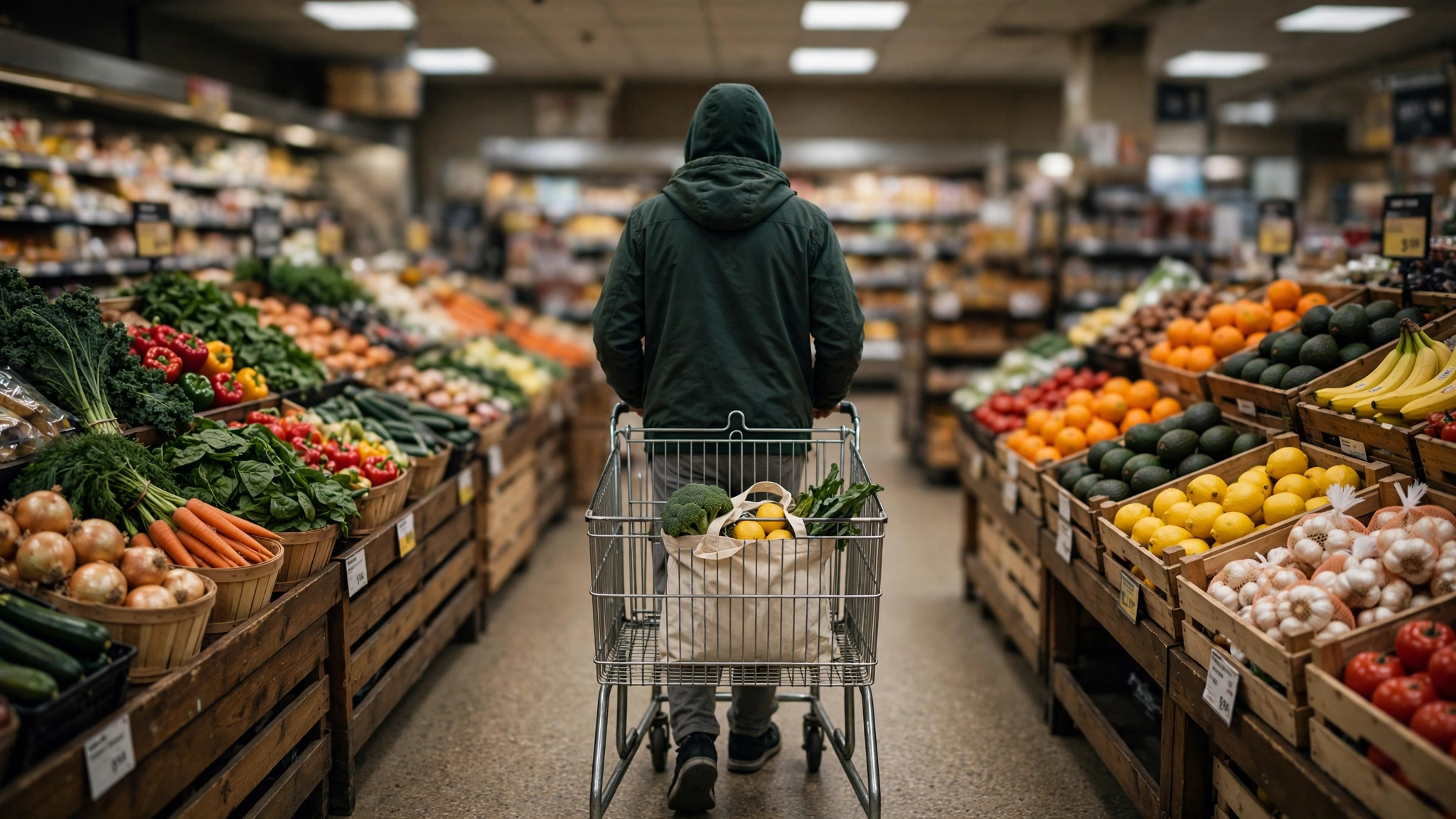 A shopper seen from behind pushing a cart through a grocery store produce aisle