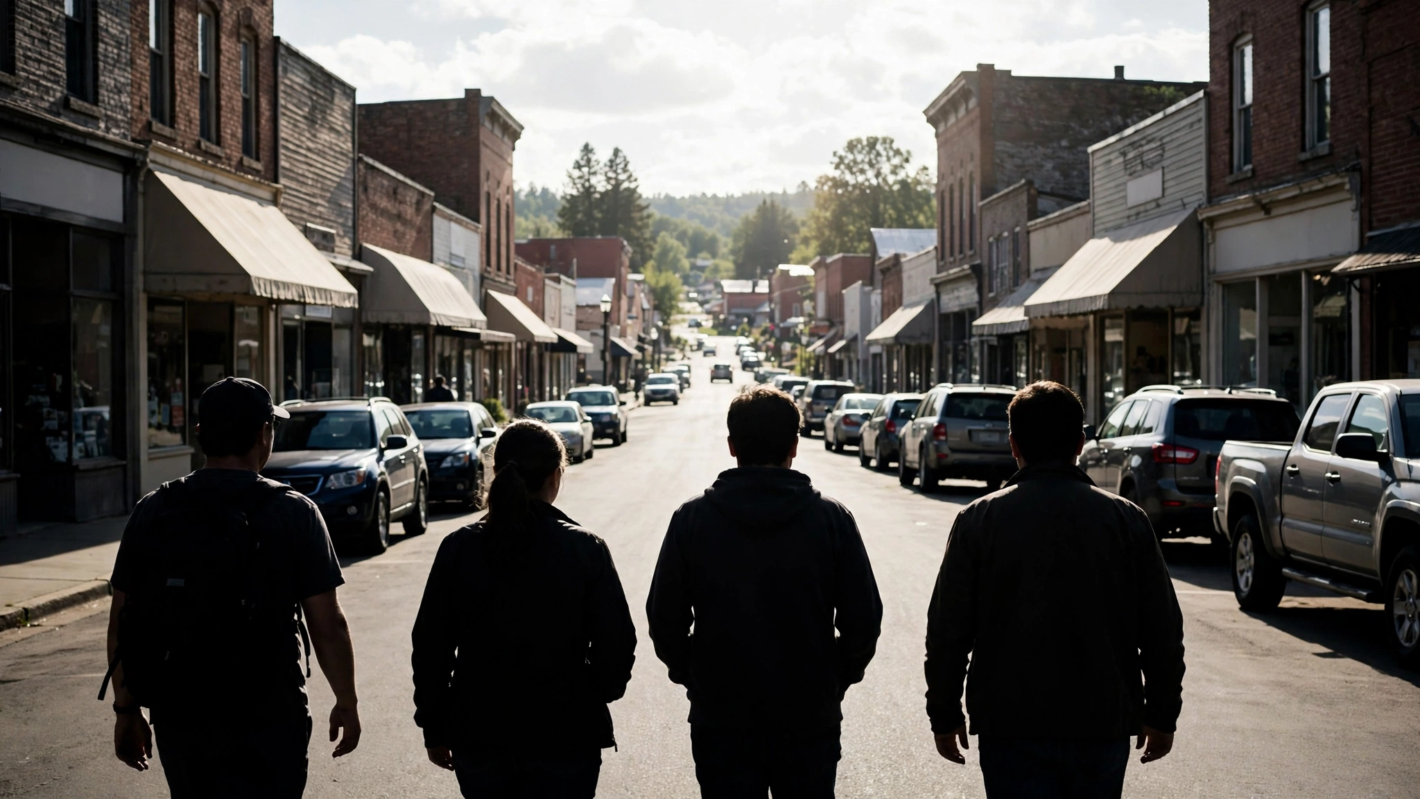 Pedestrians walking away from the camera on a small-town main street lined with storefronts