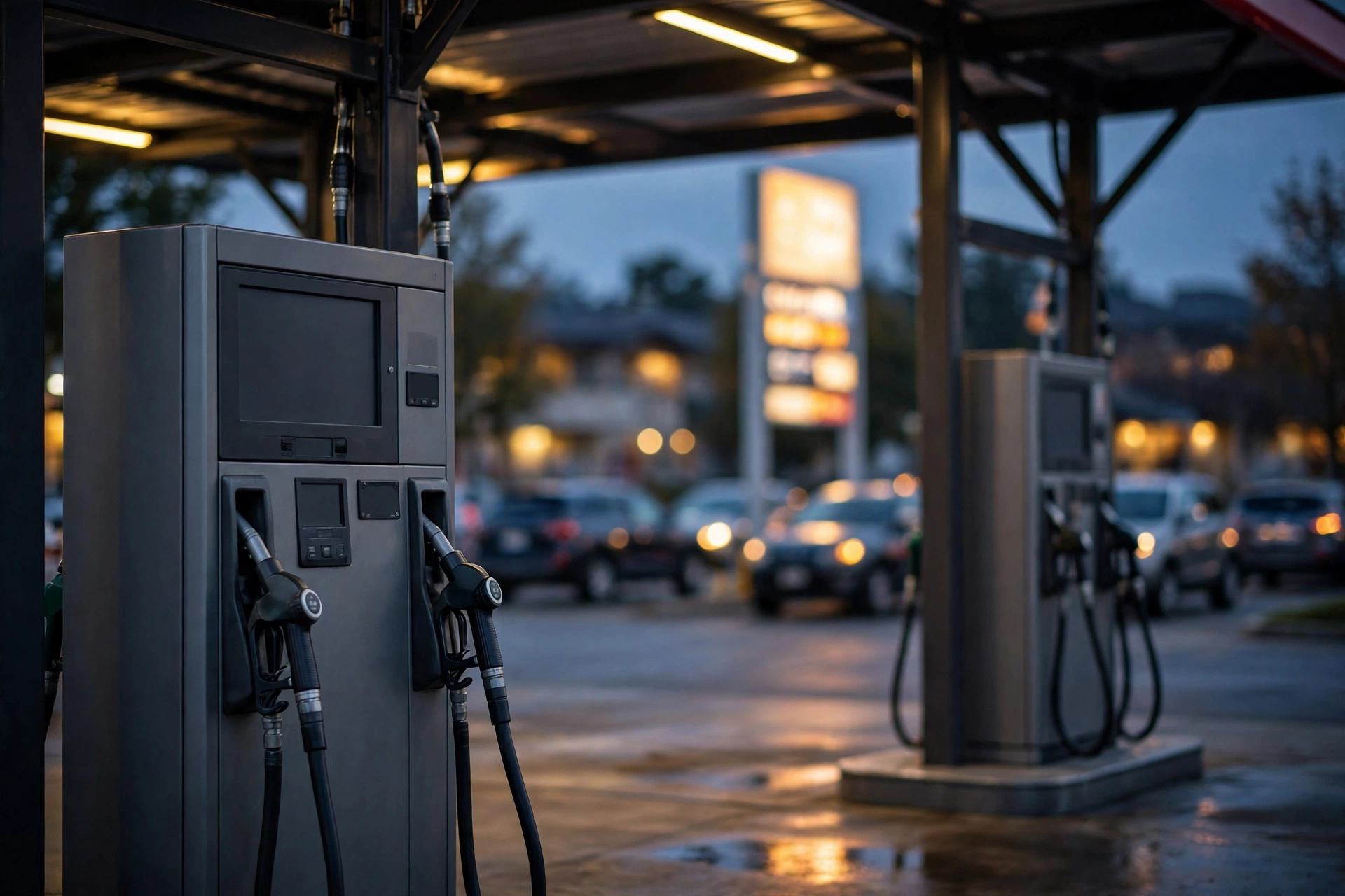 Fuel pumps at a gas station at dusk with a blurred price sign