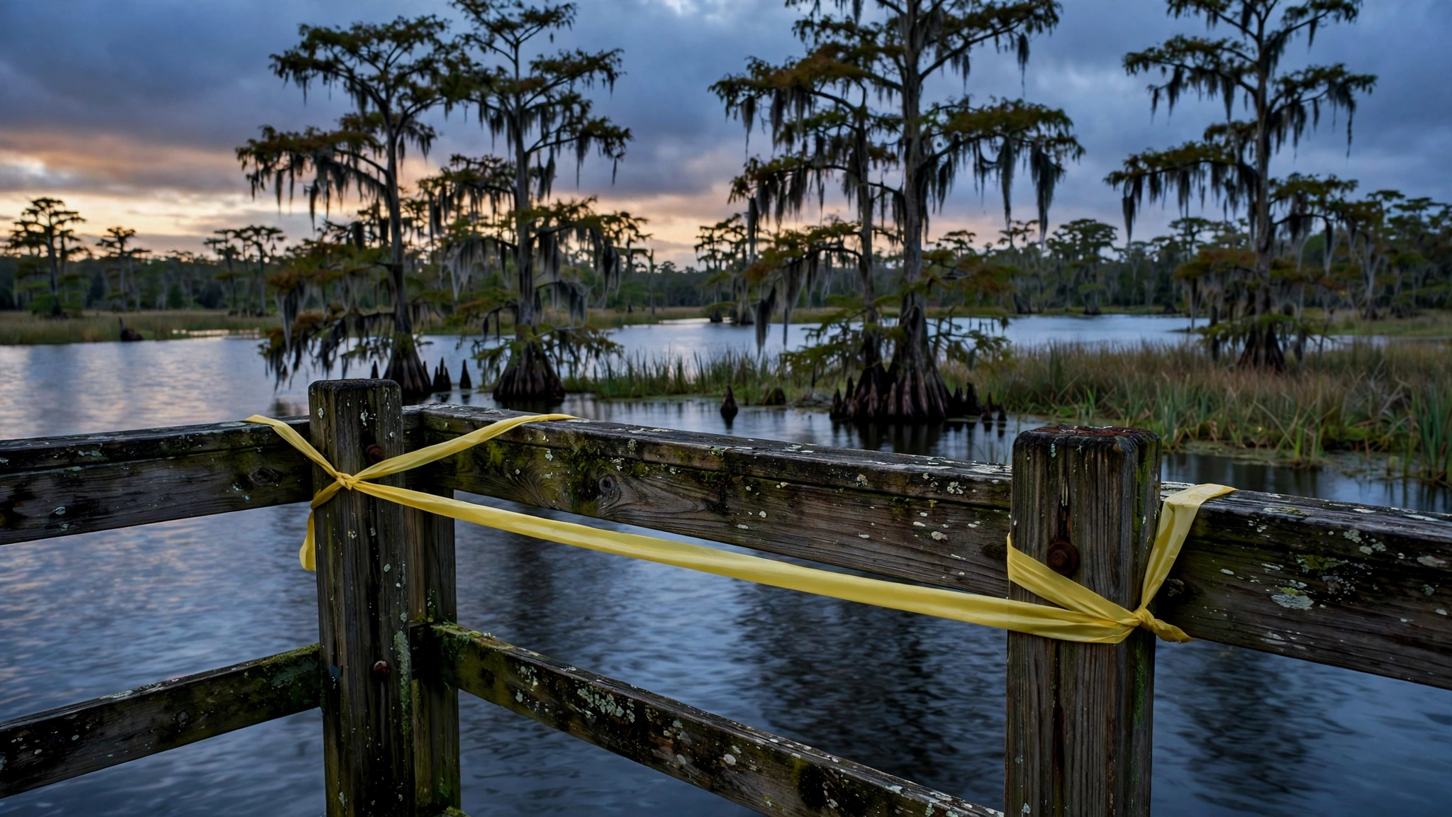 Yellow caution tape tied across a wooden lakeside fence at dusk, with cypress trees behind.