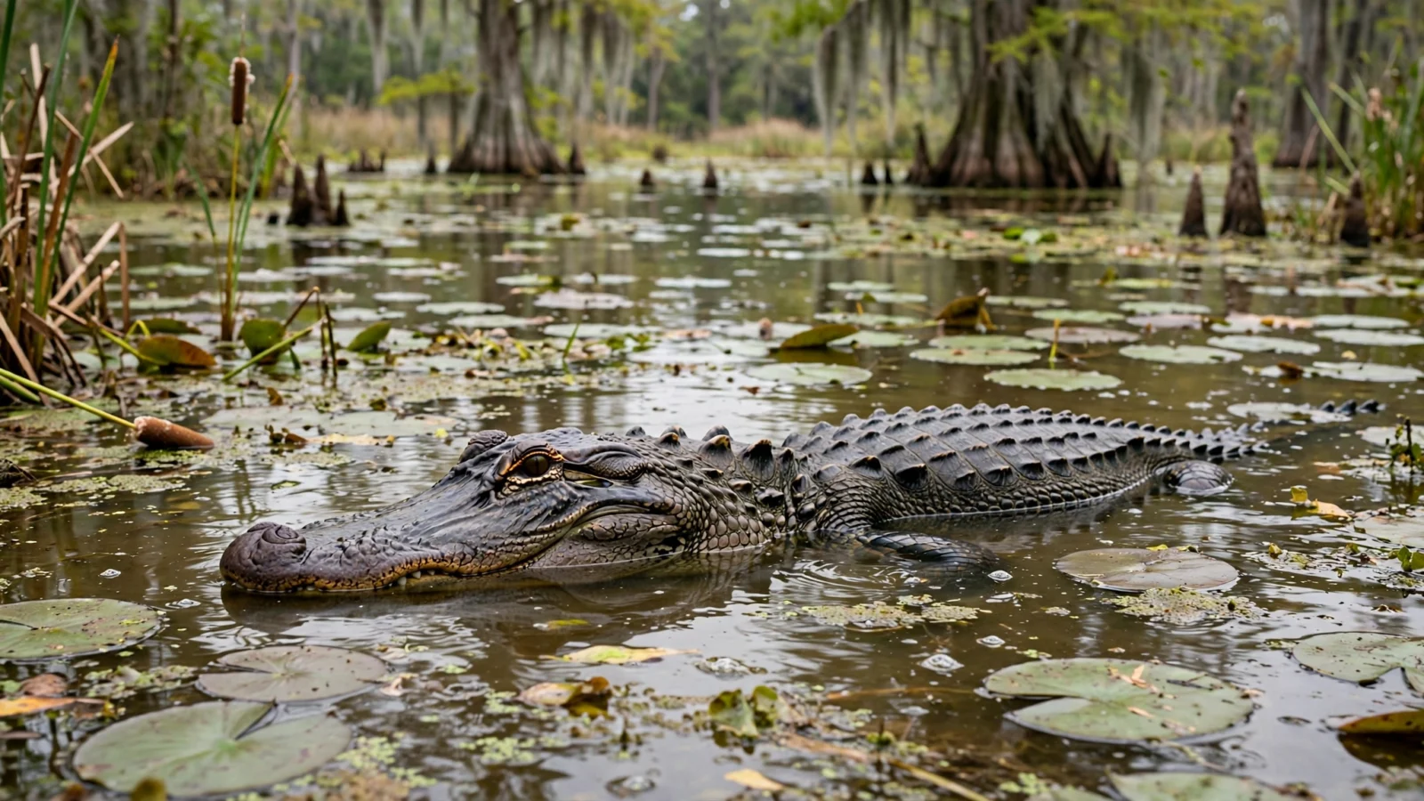 A large American alligator partially submerged in a Florida freshwater pond with lily pads.