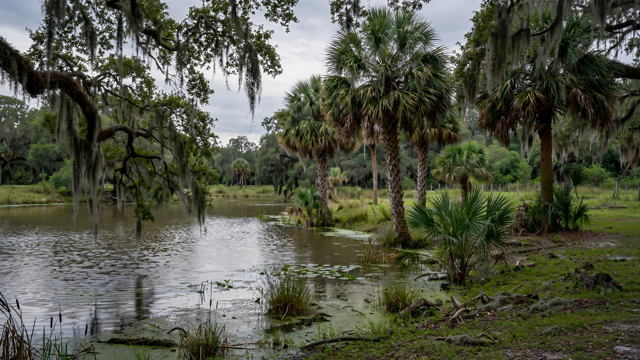 A retention pond in a Florida park with palm trees and oak trees draped in Spanish moss.