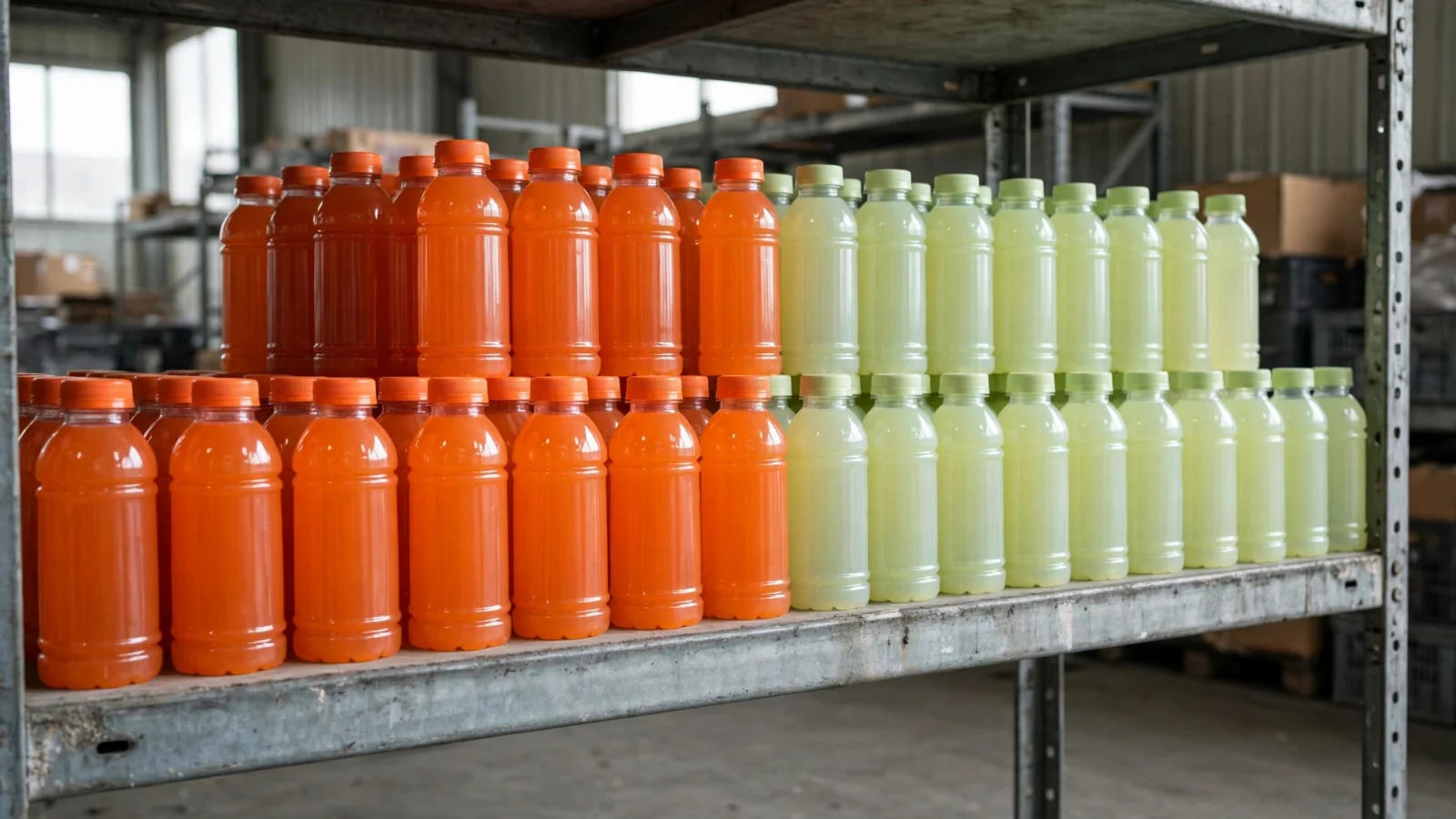 Rows of unlabeled plastic sports drink bottles in orange and pale green on metal warehouse shelving