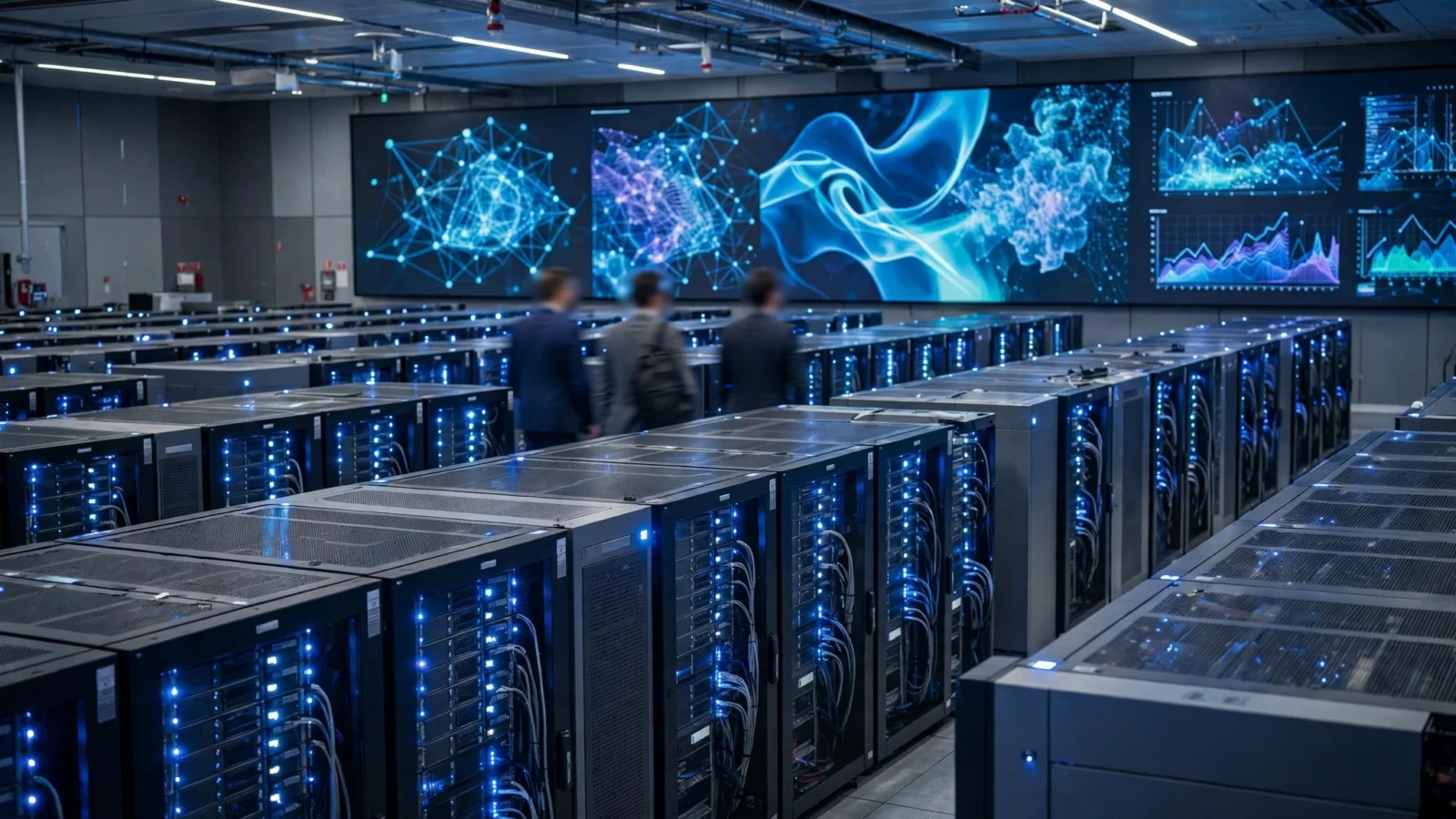 Rows of supercomputer servers with blue indicator lights inside a large data center, with blurred figures walking past wall displays showing abstract network and data graphics.