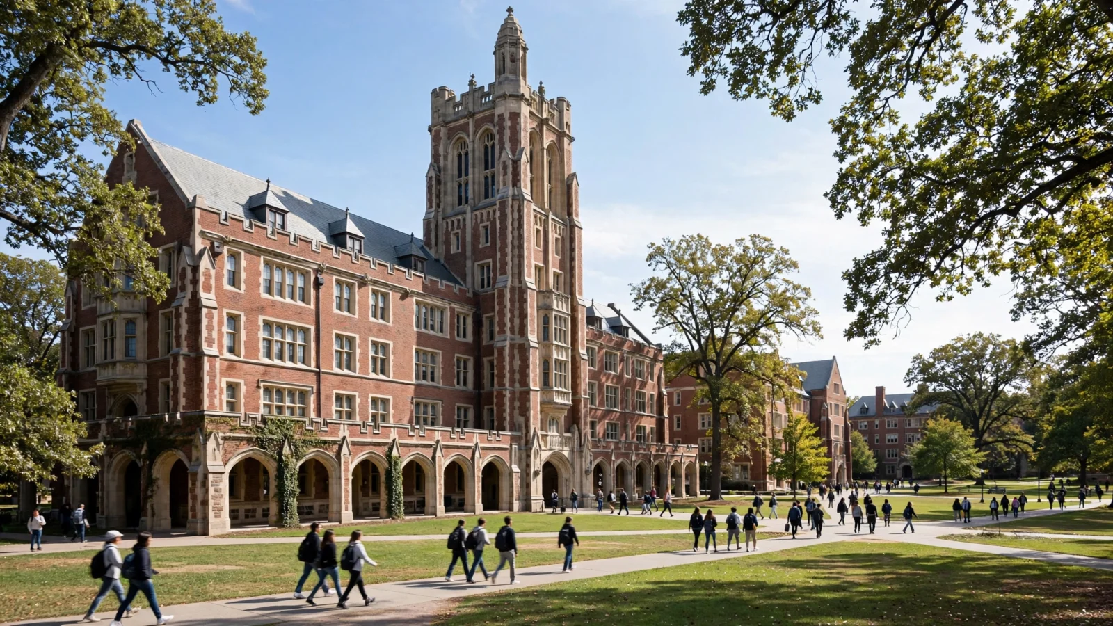 A brick university building with a tower, with students walking on paths across a lawn in front of it