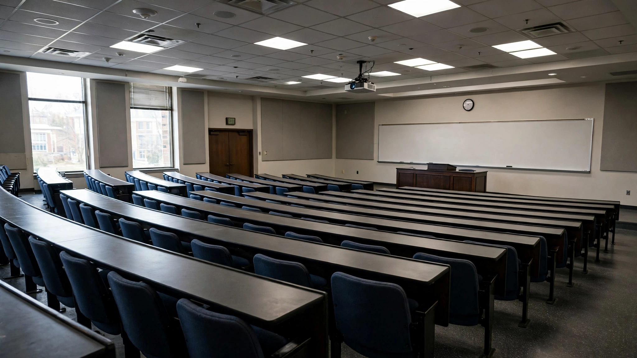 An empty college lecture hall with rows of desks and chairs facing a whiteboard