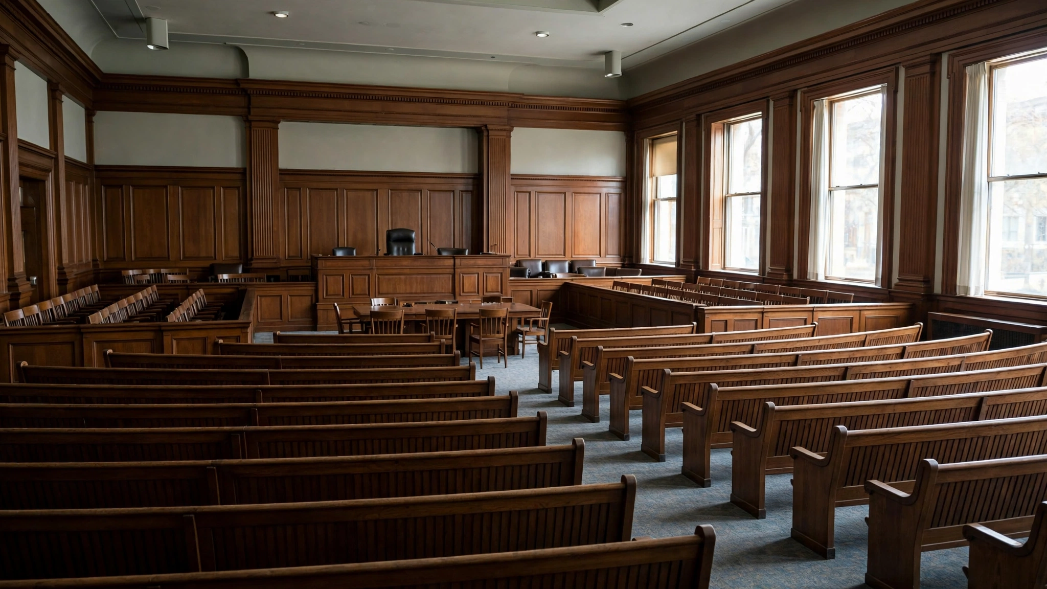 An empty wood-paneled courtroom with a judge bench and rows of benches