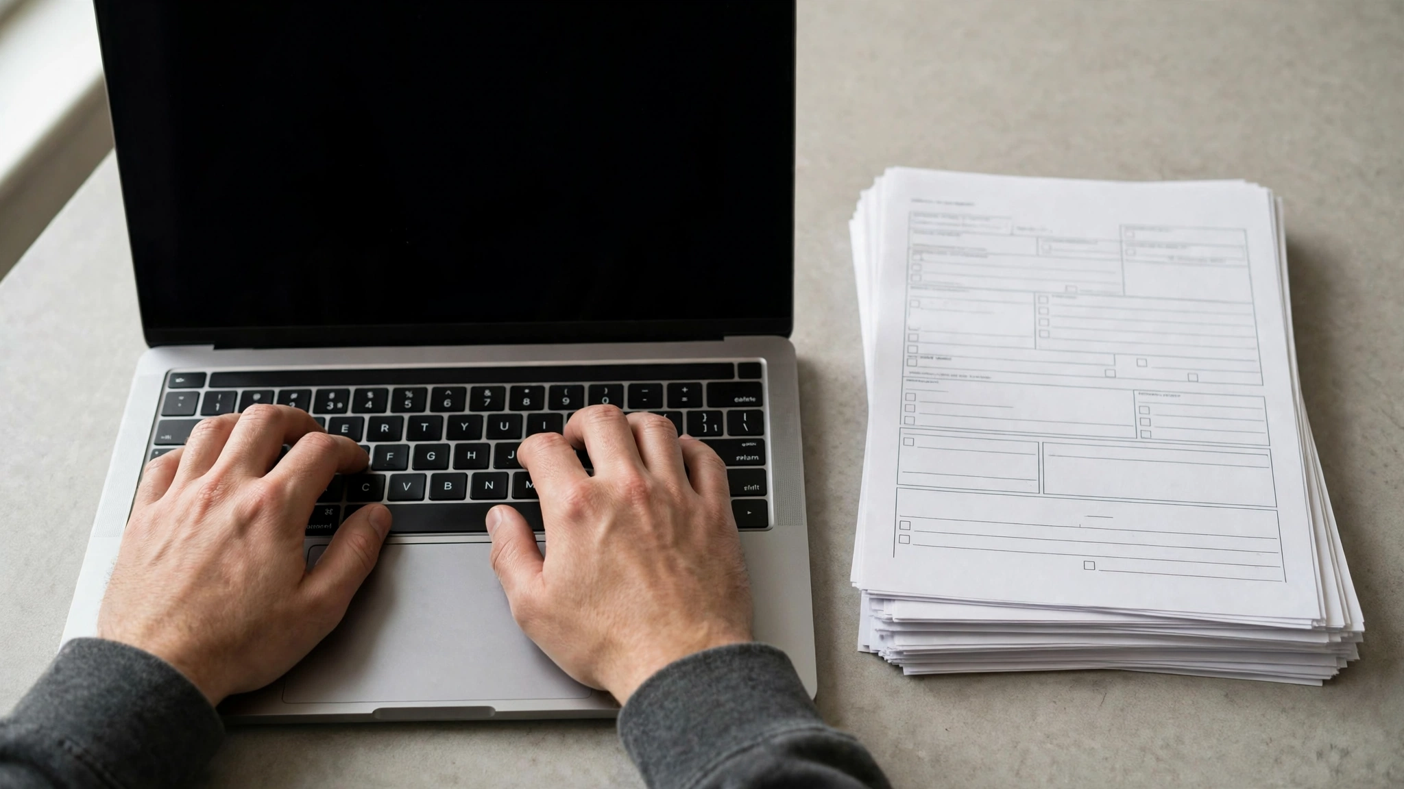 Hands typing on a laptop keyboard next to a stack of blank paper application forms on a desk