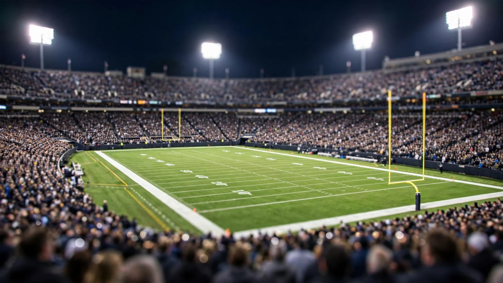 A packed American football stadium at night, with the field lit under bright floodlights.