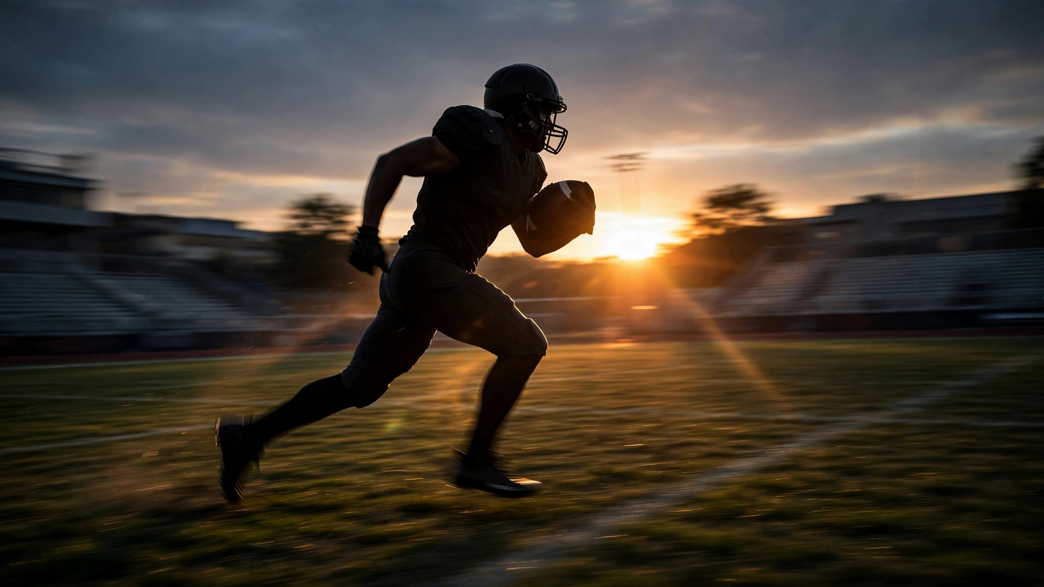 Silhouette of an American football player running with the ball across a field at sunset.