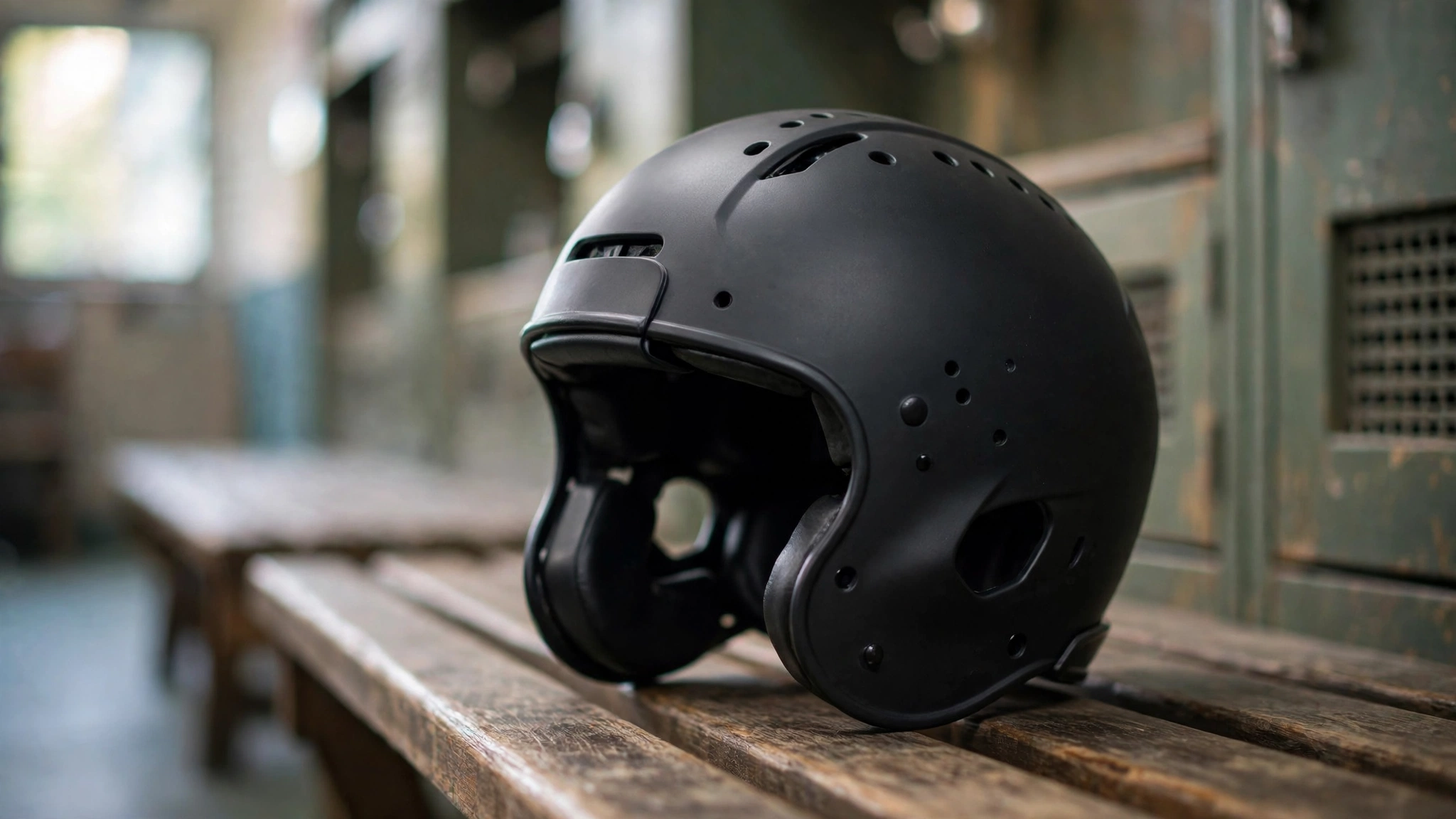 A plain dark American football helmet resting on a wooden bench in a locker room.