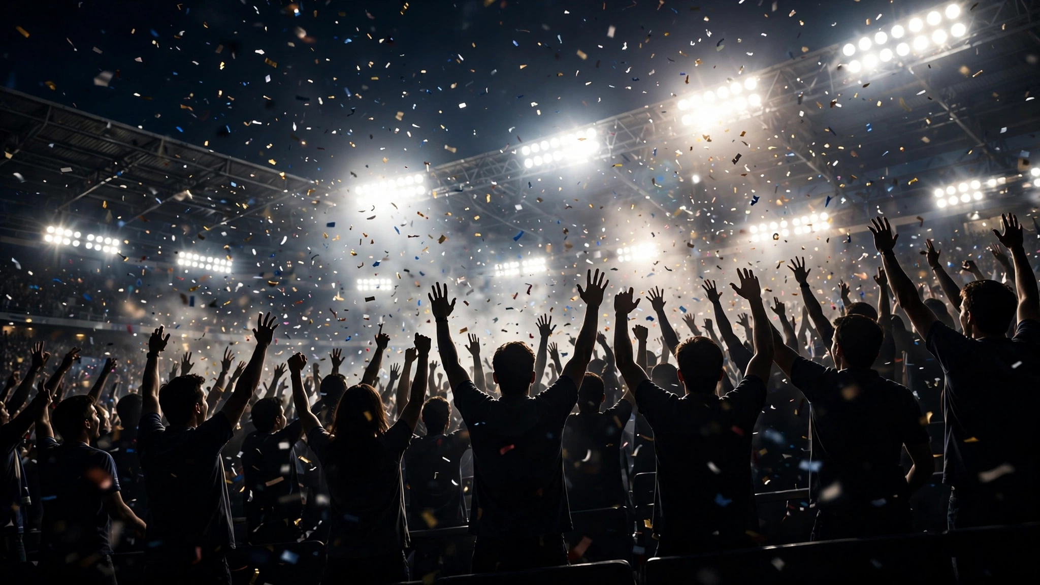 Fans with raised arms cheering in a stadium as confetti falls under bright lights.