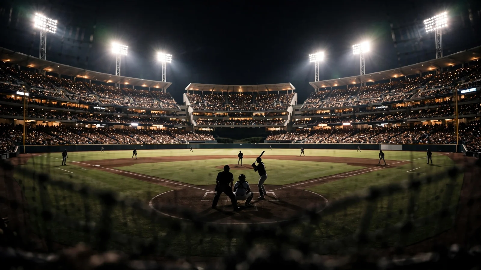 A packed baseball stadium at night, viewed from behind home plate with anonymous players as silhouettes.