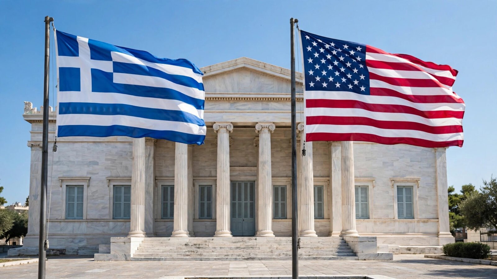 The flags of Greece and the United States flying side by side in front of a white neoclassical government building in Athens.