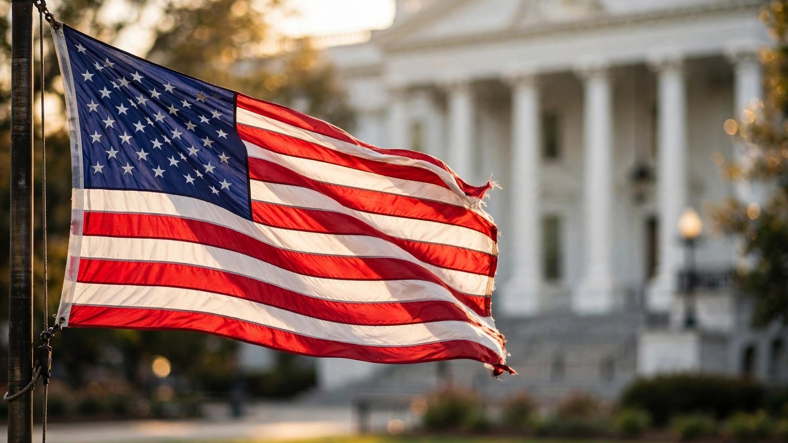 An American flag waving in the wind in front of a blurred white columned government building.