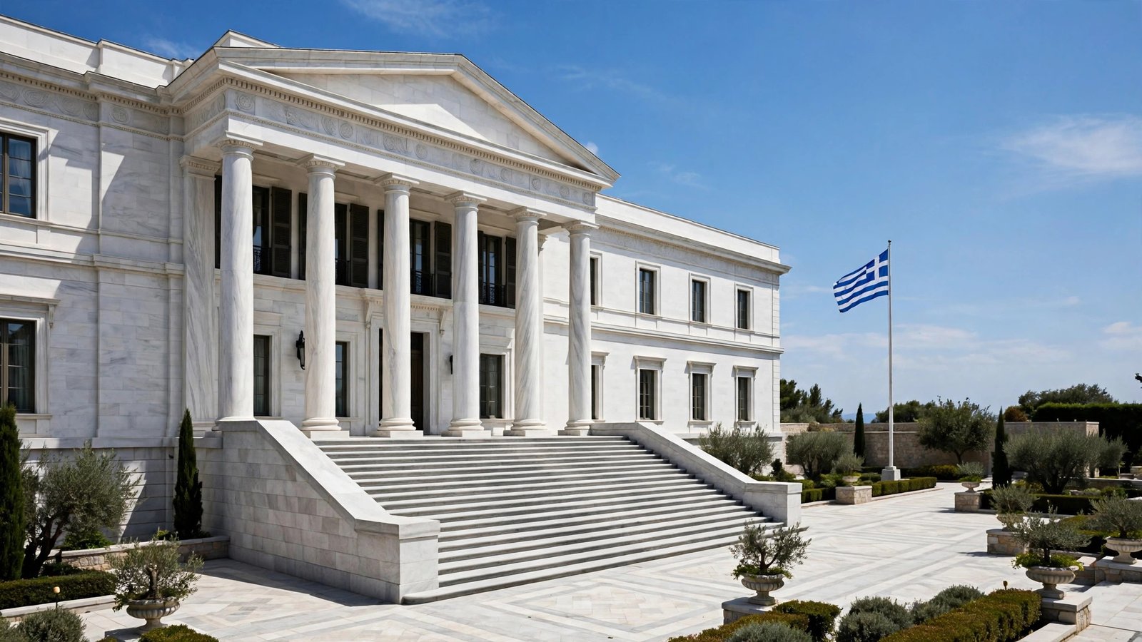A white marble columned building with a wide stone staircase and a Greek flag flying in its courtyard.